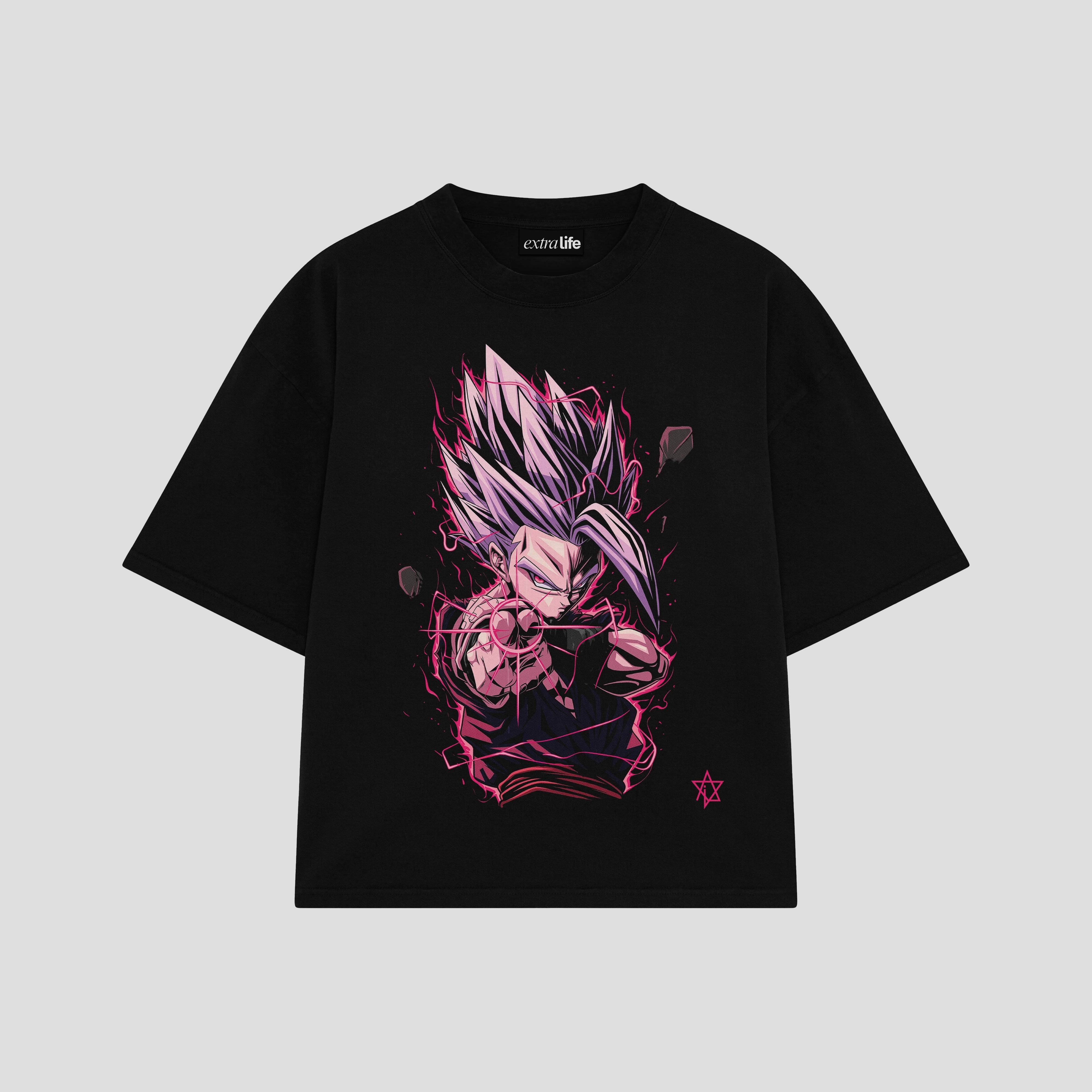 Playera streetwear premium de anime y gaming ExtraLife MX, corte boxy oversized drop shoulder heavyweight en color Deep Black y Off-White, moda urbana mexicana de culto.
