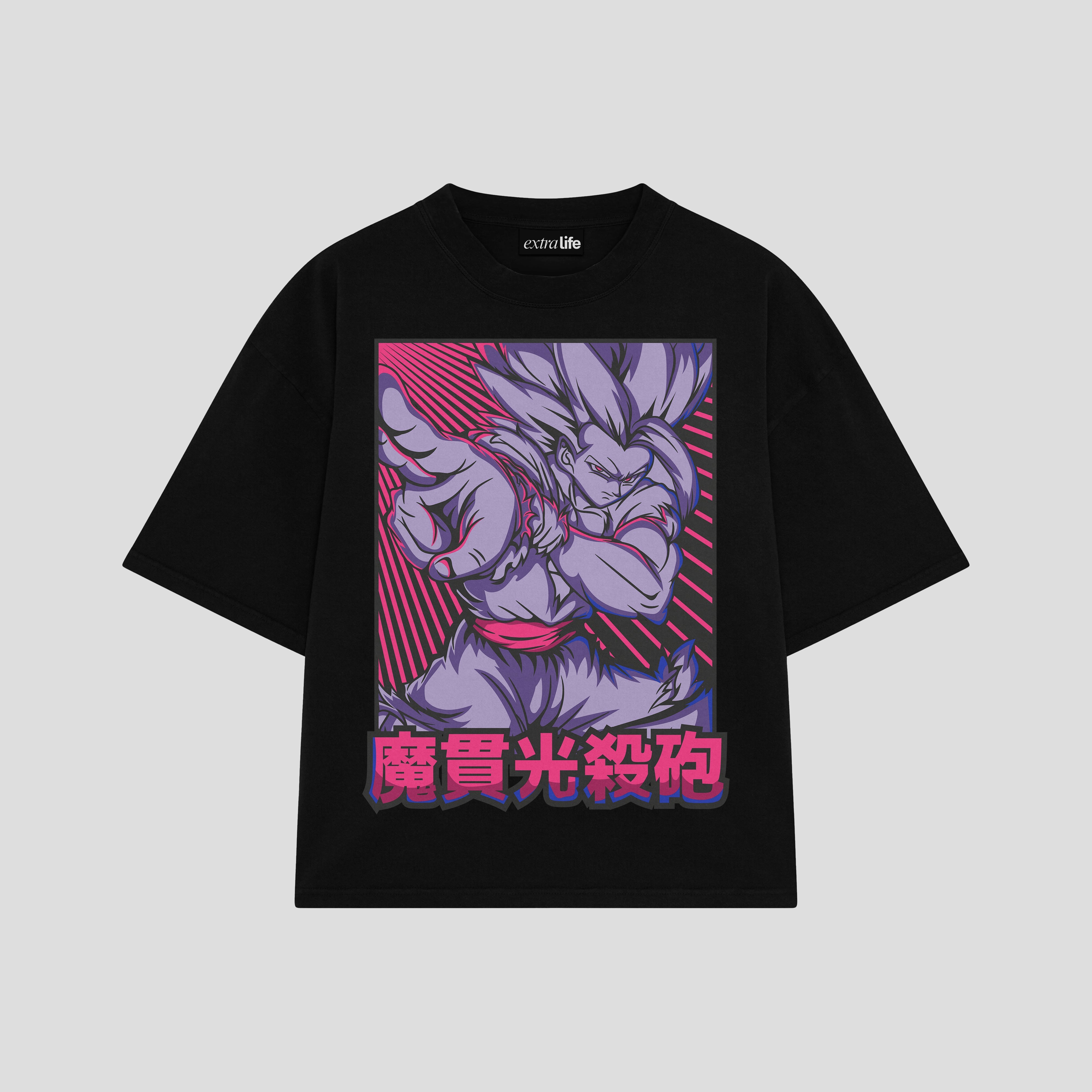 Playera streetwear premium de anime y gaming ExtraLife MX, corte boxy oversized drop shoulder heavyweight en color Deep Black y Off-White, moda urbana mexicana de culto.