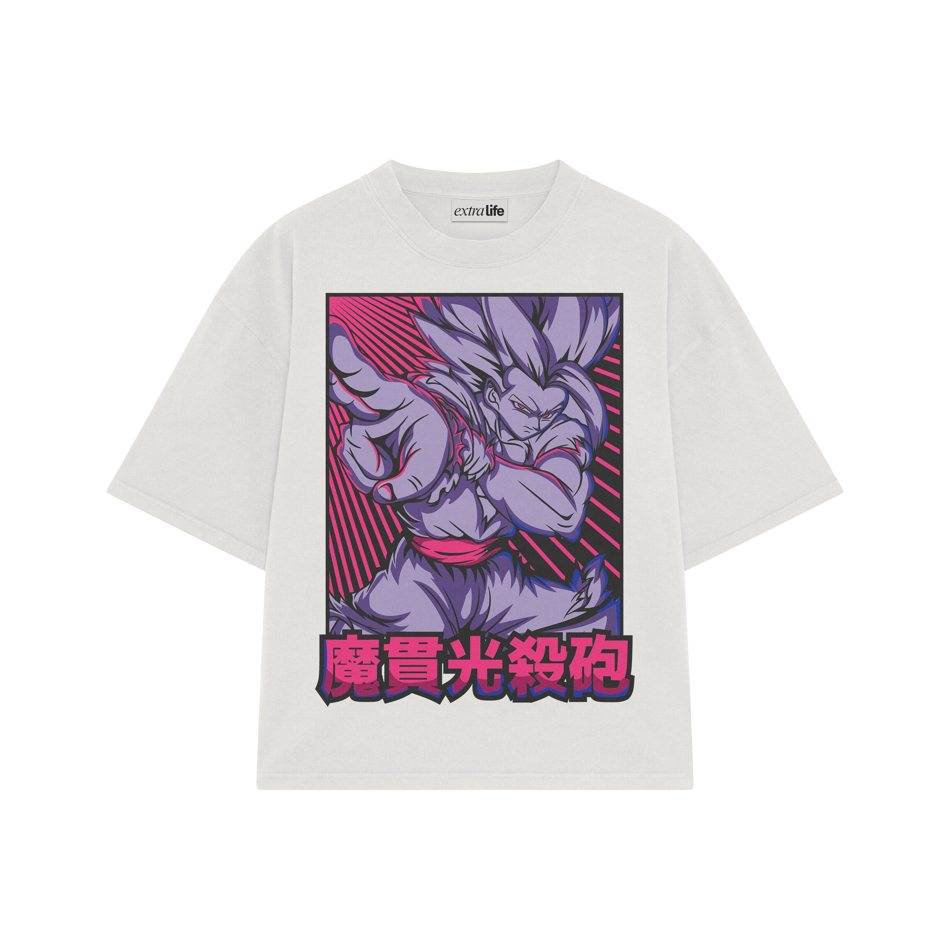 Playera streetwear premium de anime y gaming ExtraLife MX, corte boxy oversized drop shoulder heavyweight en color Deep Black y Off-White, moda urbana mexicana de culto.