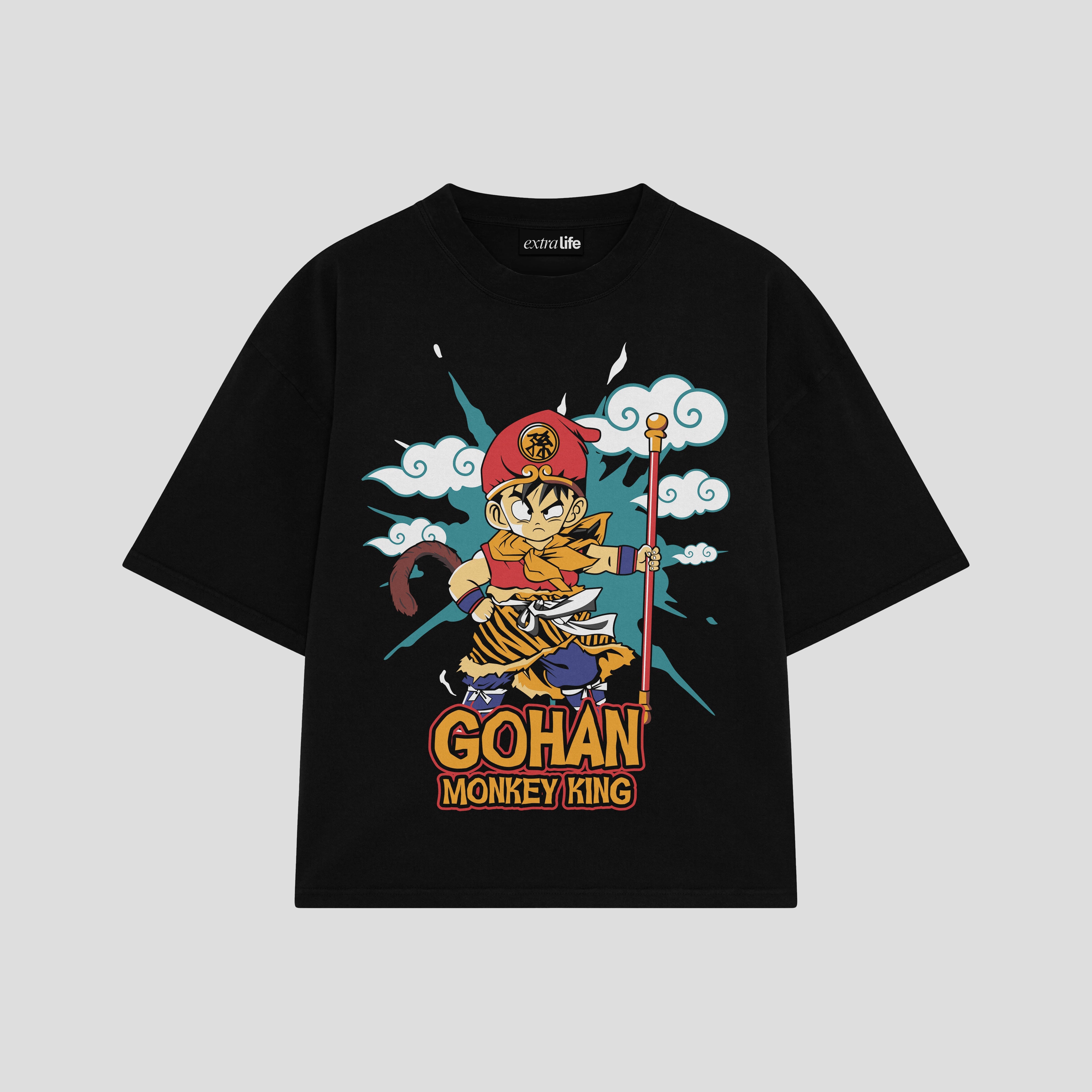 Playera streetwear premium de anime y gaming ExtraLife MX, corte boxy oversized drop shoulder heavyweight en color Deep Black y Off-White, moda urbana mexicana de culto.
