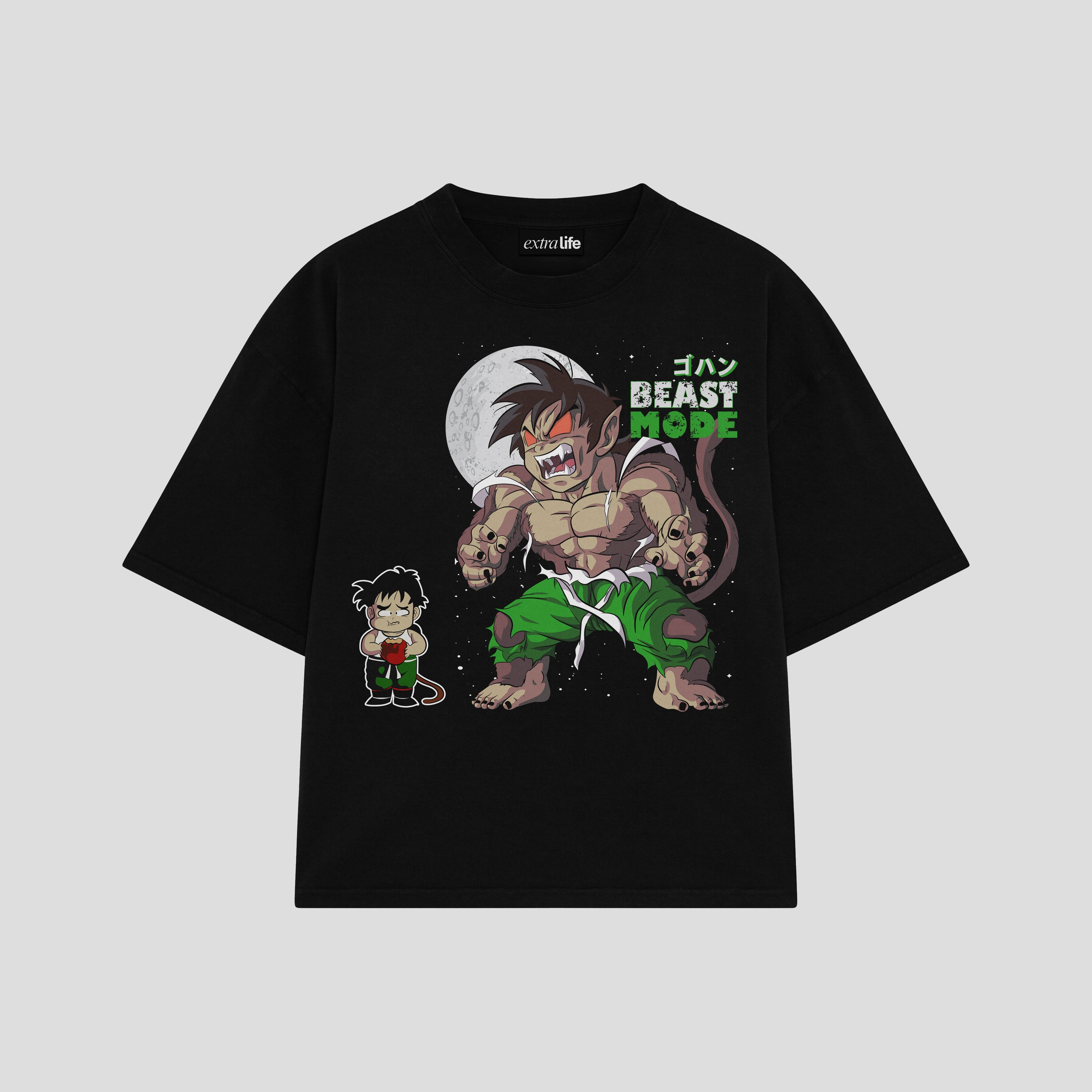 Playera streetwear premium de anime y gaming ExtraLife MX, corte boxy oversized drop shoulder heavyweight en color Deep Black y Off-White, moda urbana mexicana de culto.