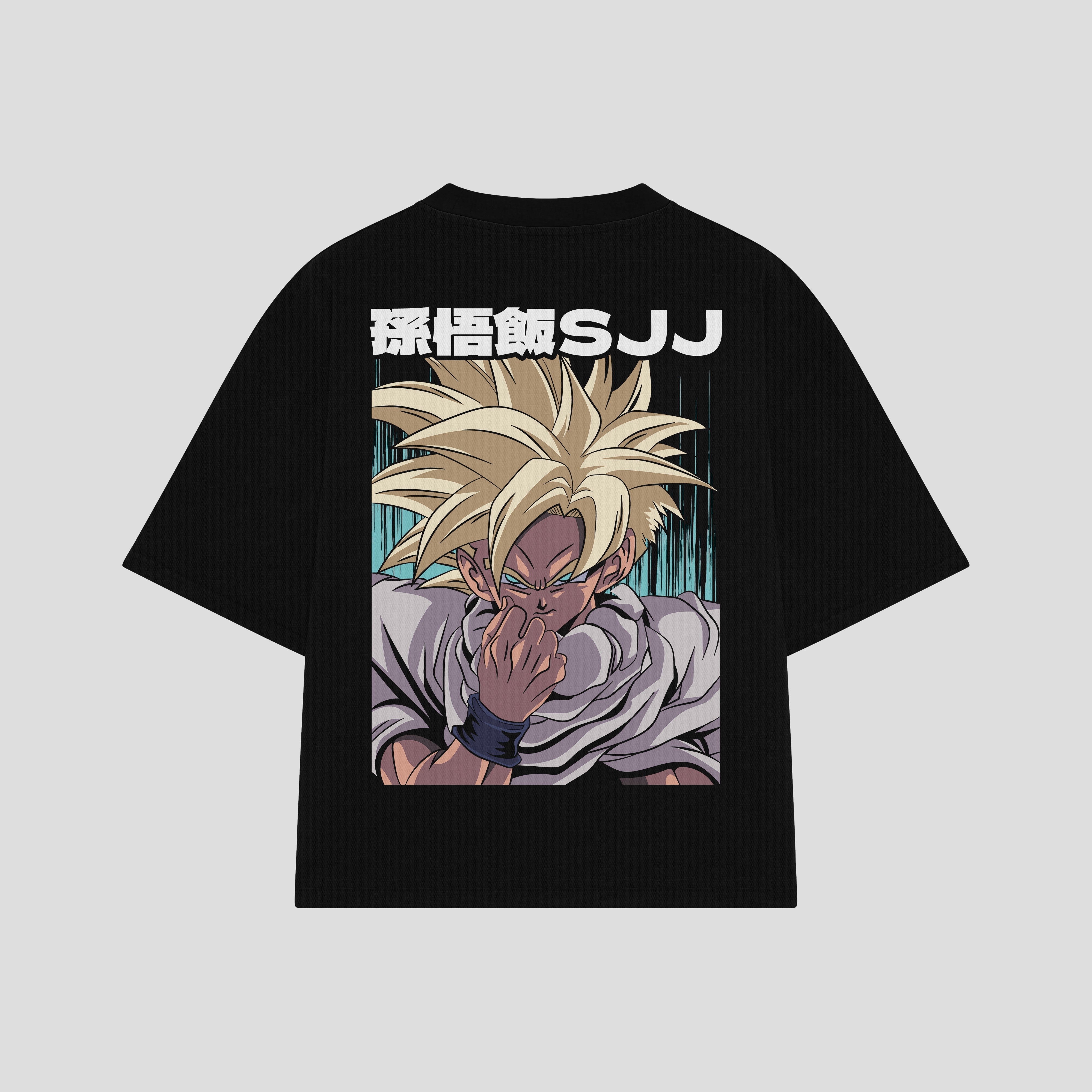Playera streetwear premium de anime y gaming ExtraLife MX, corte boxy oversized drop shoulder heavyweight en color Deep Black y Off-White, moda urbana mexicana de culto.