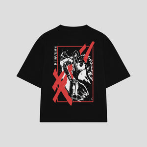 Playera streetwear premium de anime y gaming ExtraLife MX, corte boxy oversized drop shoulder heavyweight en color Deep Black y Off-White, moda urbana mexicana de culto.