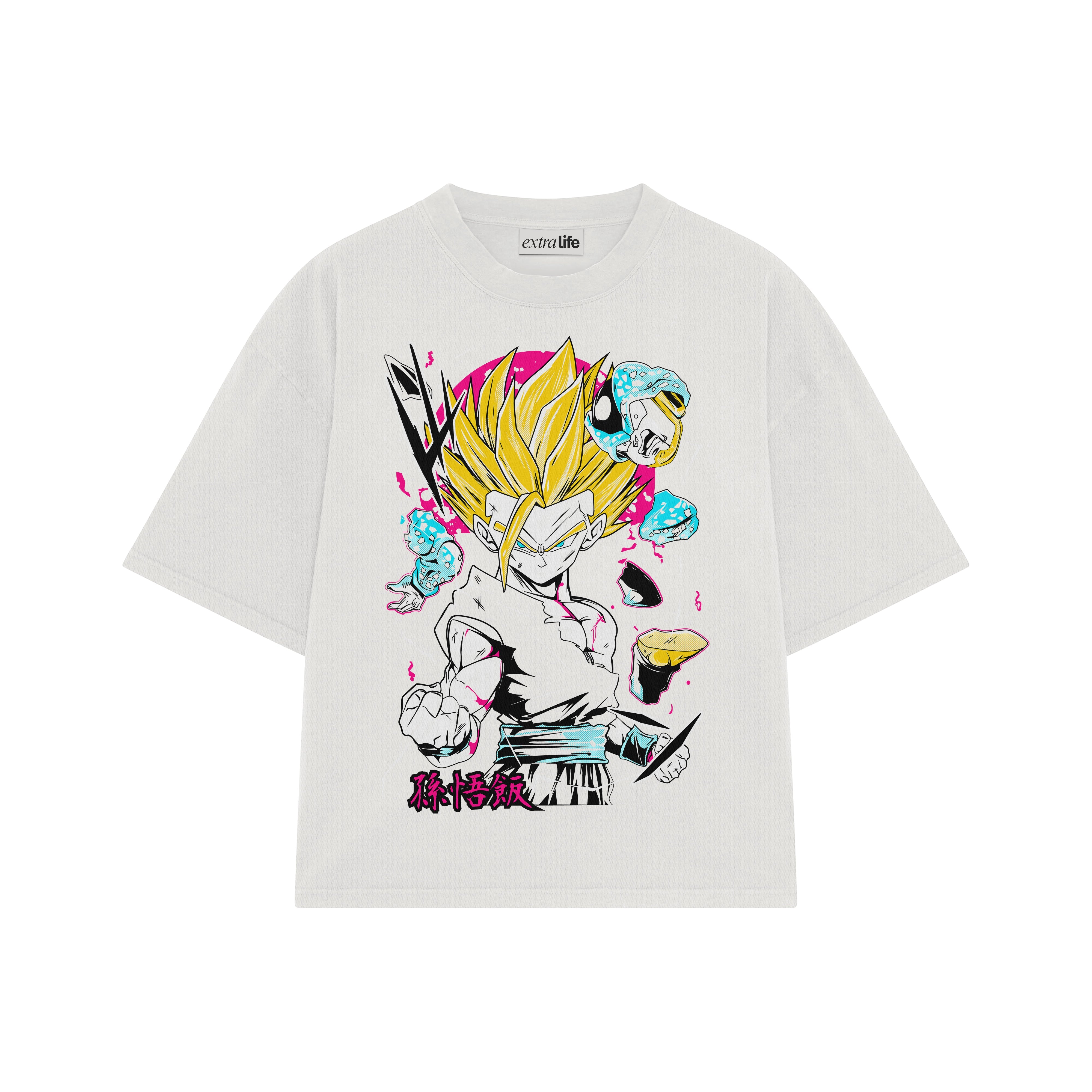 Playera streetwear premium de anime y gaming ExtraLife MX, corte boxy oversized drop shoulder heavyweight en color Deep Black y Off-White, moda urbana mexicana de culto.