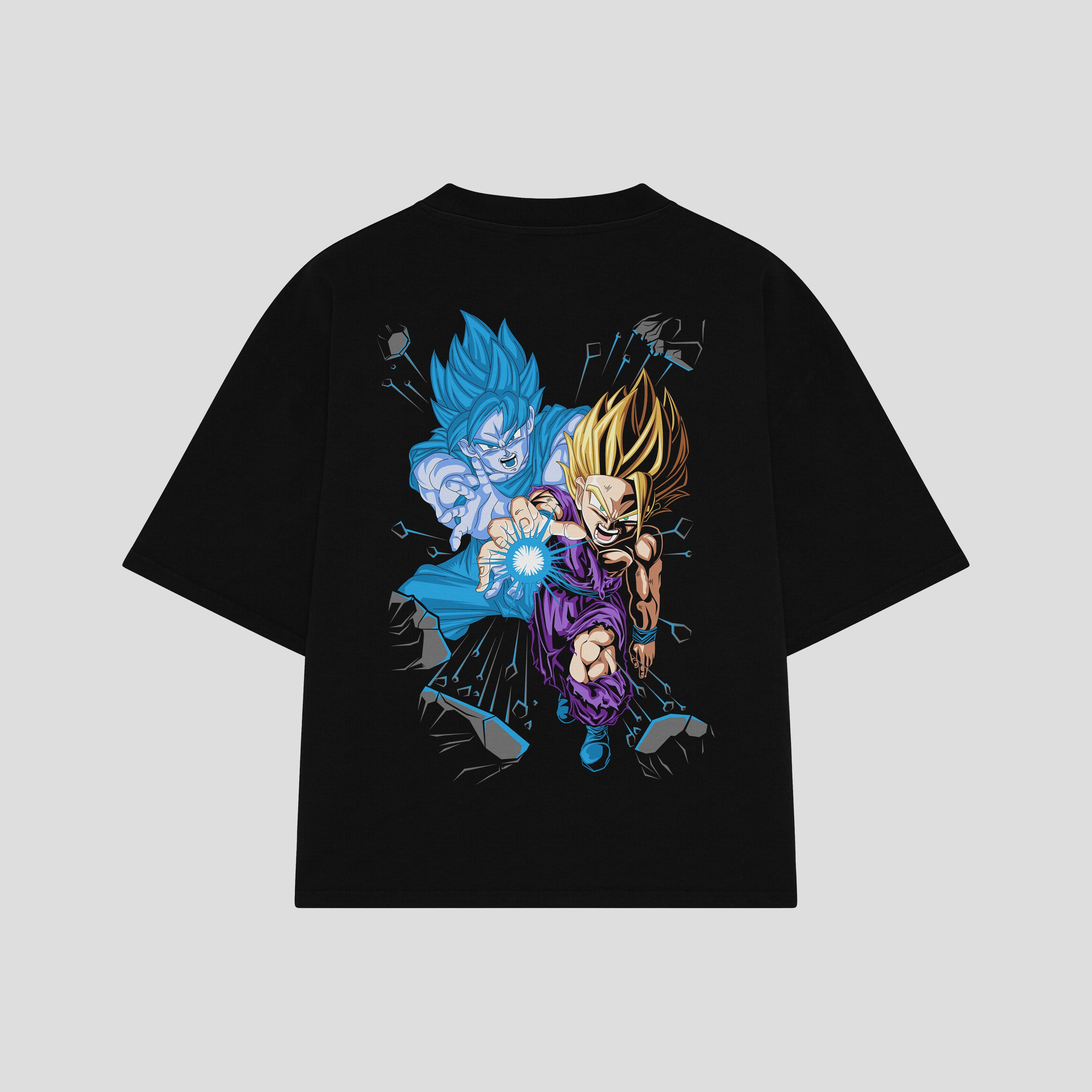 Playera streetwear premium de anime y gaming ExtraLife MX, corte boxy oversized drop shoulder heavyweight en color Deep Black y Off-White, moda urbana mexicana de culto.