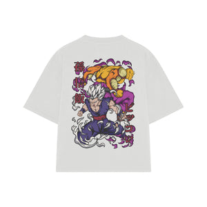Playera streetwear premium de anime y gaming ExtraLife MX, corte boxy oversized drop shoulder heavyweight en color Deep Black y Off-White, moda urbana mexicana de culto.