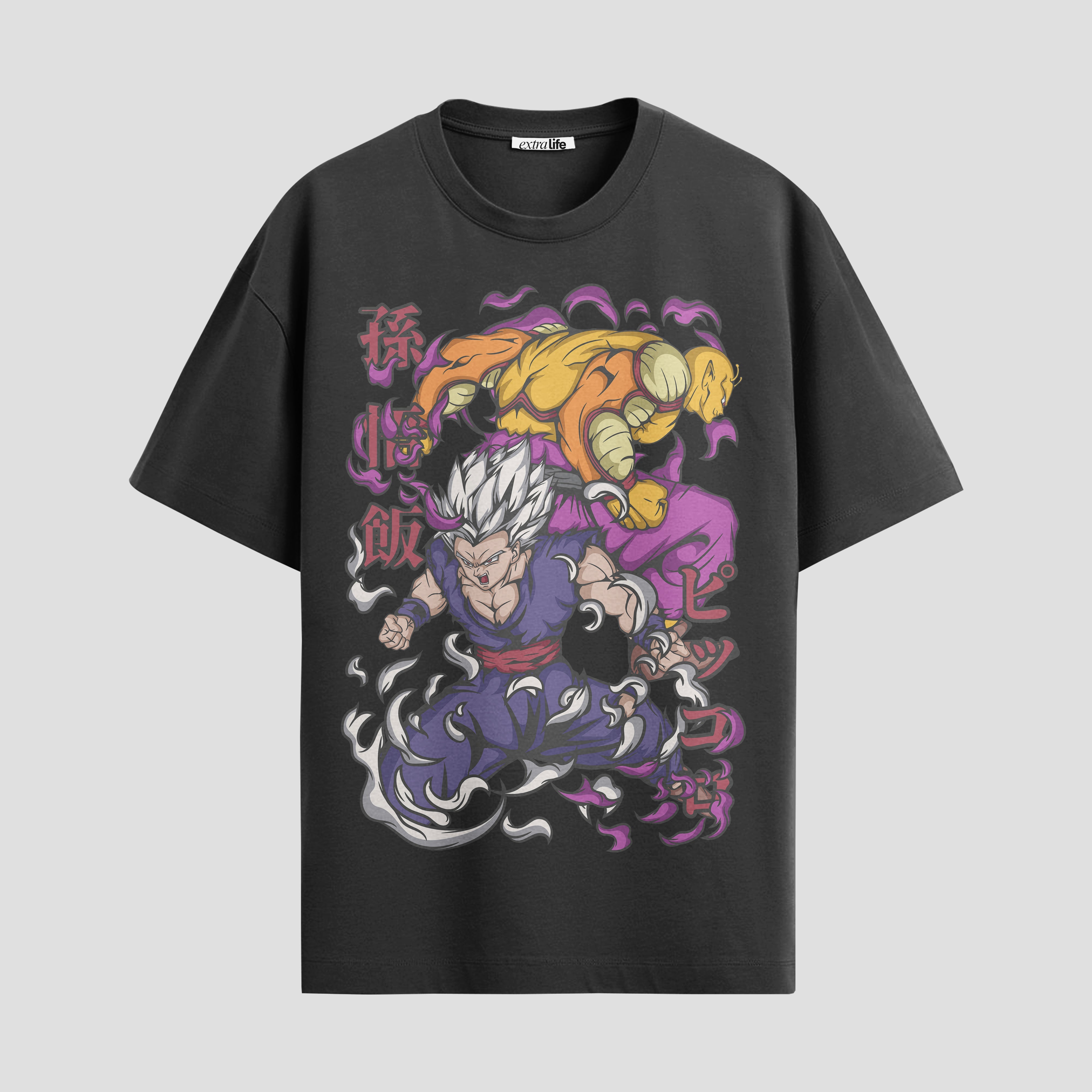 Playera urbana de anime y gaming ExtraLife MX, corte Standard Fit unisex ligero y transpirable en color Deep Black y Pure White, ropa de uso diario para gym y casual.
