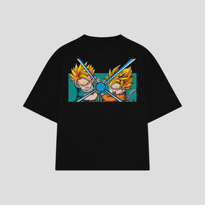 Playera streetwear premium de anime y gaming ExtraLife MX, corte boxy oversized drop shoulder heavyweight en color Deep Black y Off-White, moda urbana mexicana de culto.