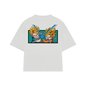 Playera streetwear premium de anime y gaming ExtraLife MX, corte boxy oversized drop shoulder heavyweight en color Deep Black y Off-White, moda urbana mexicana de culto.