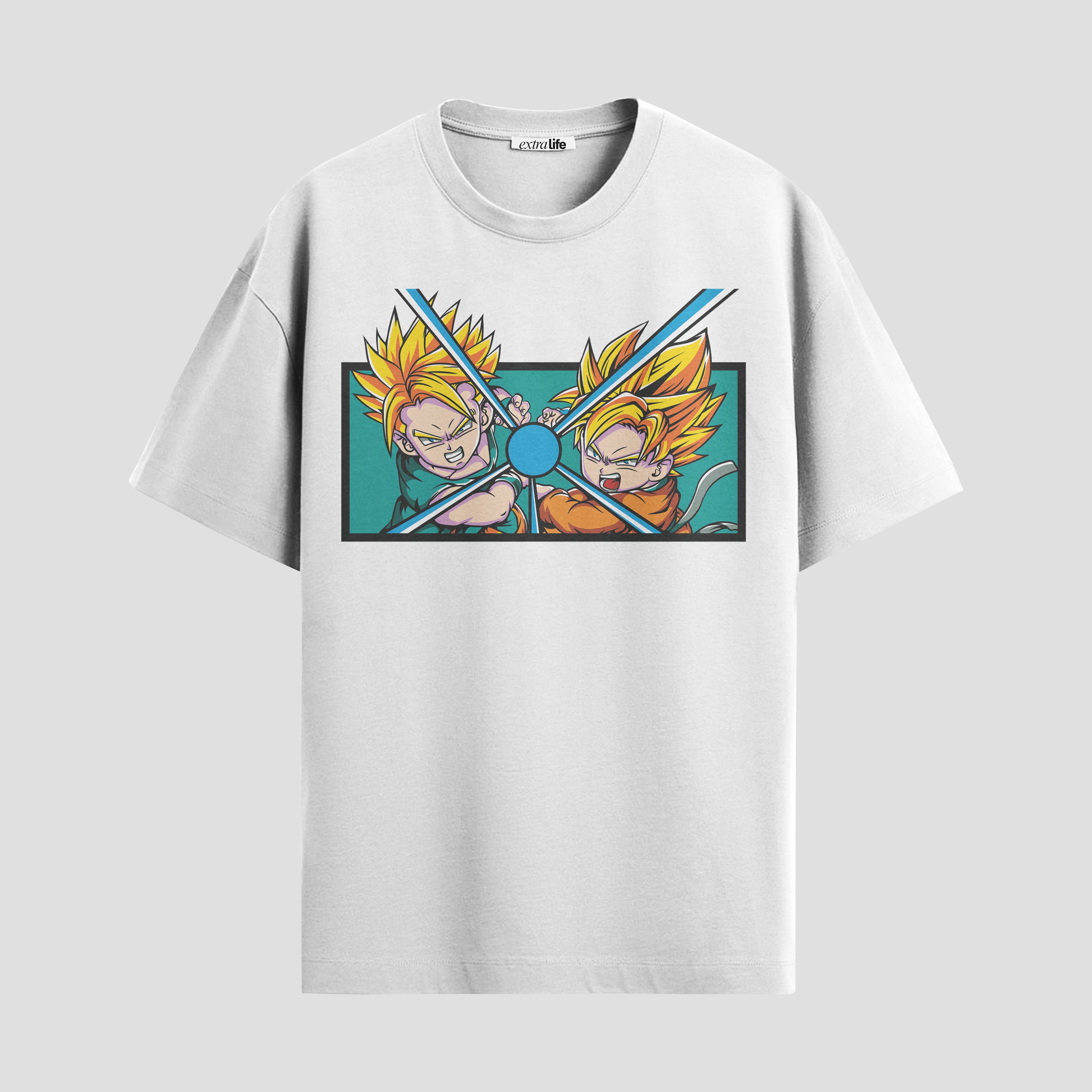 Playera urbana de anime y gaming ExtraLife MX, corte Standard Fit unisex ligero y transpirable en color Deep Black y Pure White, ropa de uso diario para gym y casual.