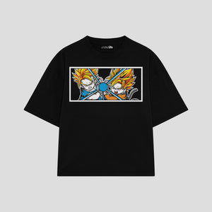 Playera streetwear premium de anime y gaming ExtraLife MX, corte boxy oversized drop shoulder heavyweight en color Deep Black y Off-White, moda urbana mexicana de culto.