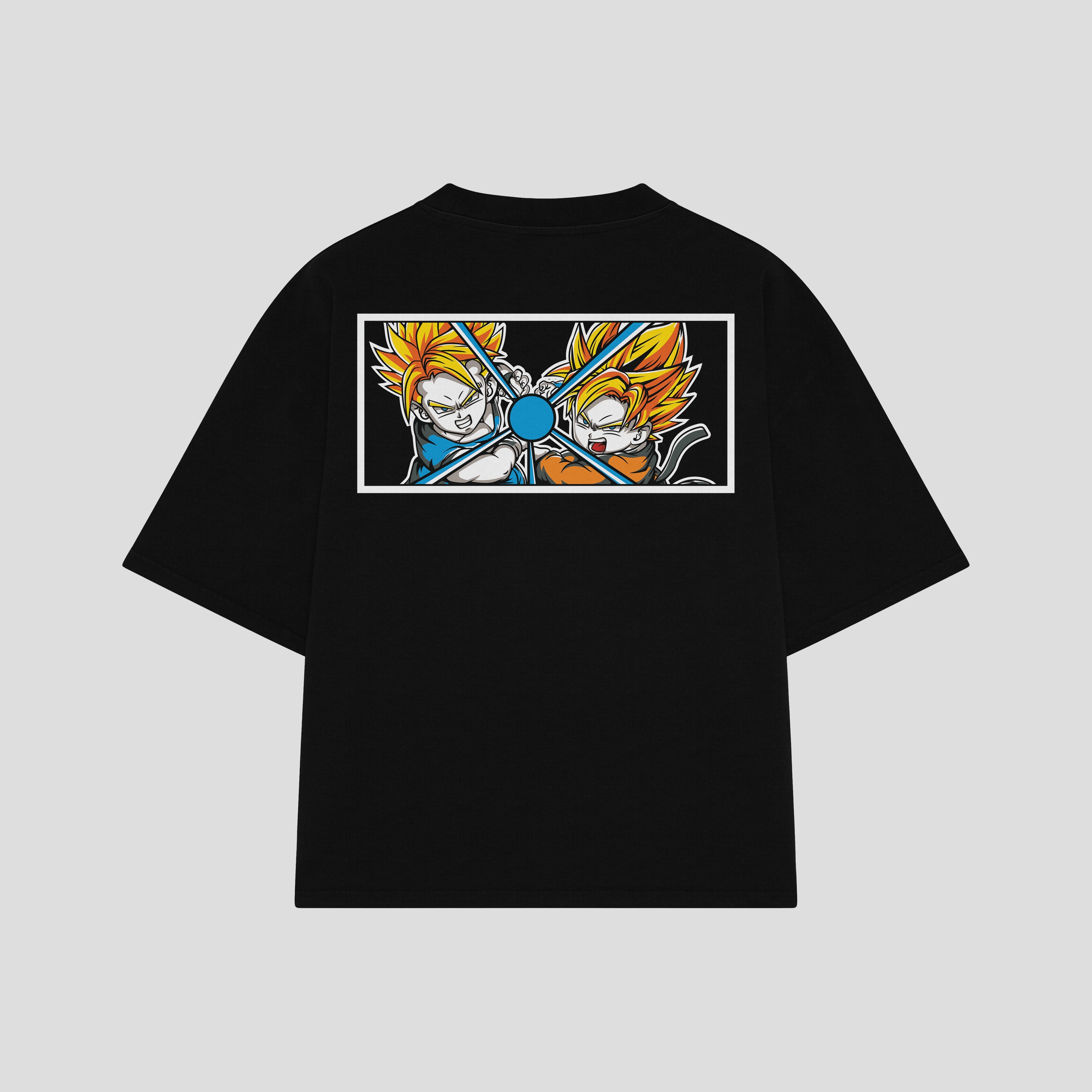 Playera streetwear premium de anime y gaming ExtraLife MX, corte boxy oversized drop shoulder heavyweight en color Deep Black y Off-White, moda urbana mexicana de culto.