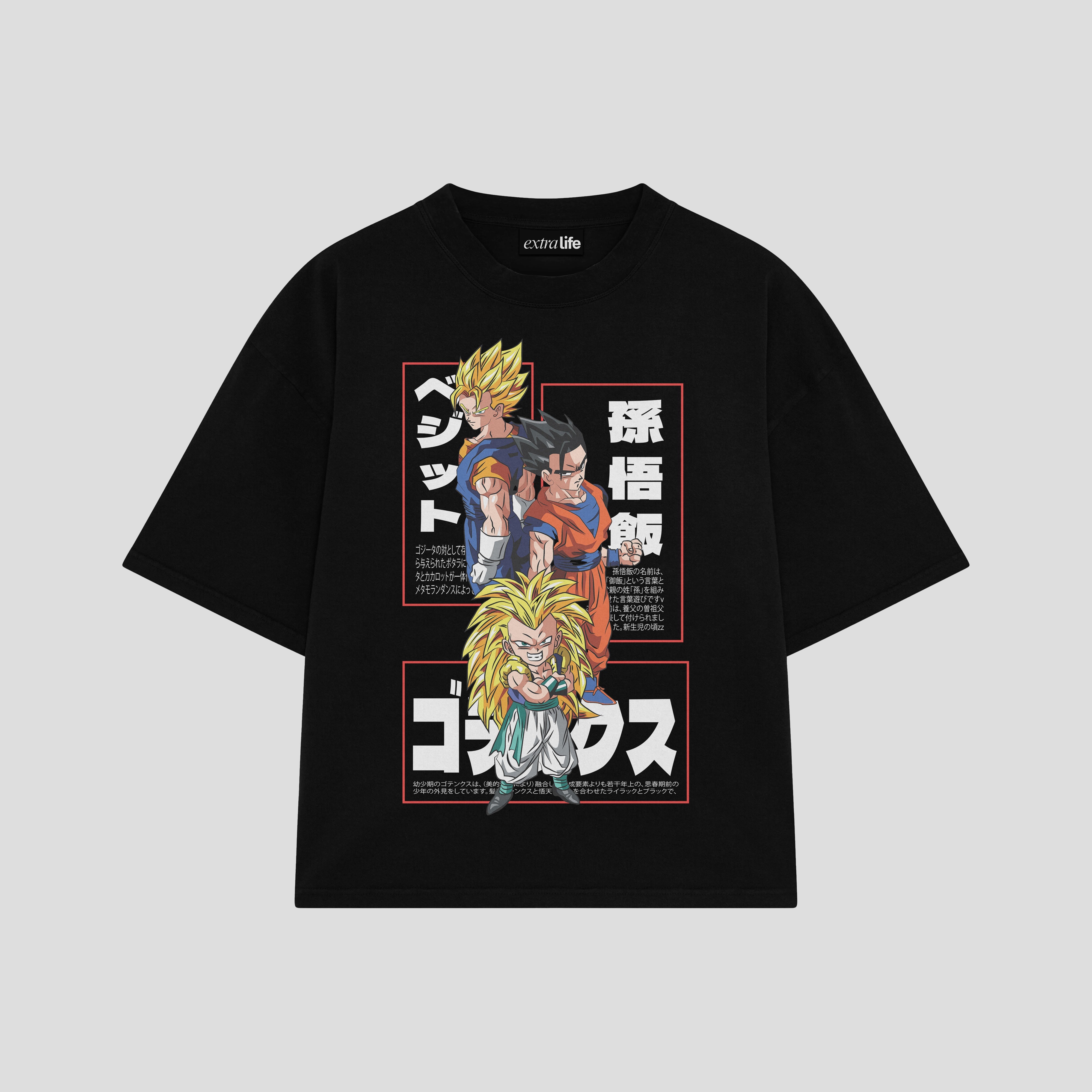 Playera streetwear premium de anime y gaming ExtraLife MX, corte boxy oversized drop shoulder heavyweight en color Deep Black y Off-White, moda urbana mexicana de culto.