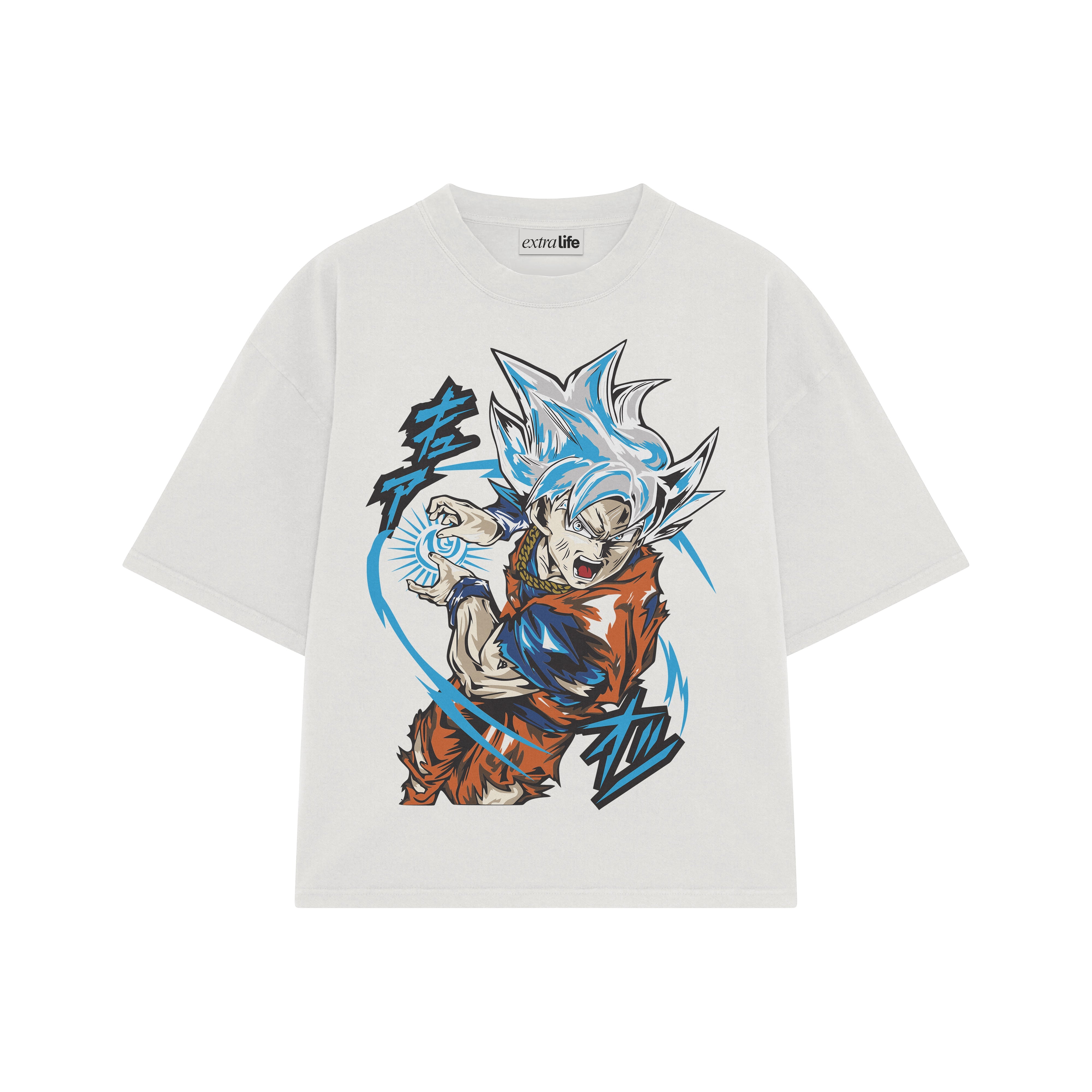 Playera streetwear premium de anime y gaming ExtraLife MX, corte boxy oversized drop shoulder heavyweight en color Deep Black y Off-White, moda urbana mexicana de culto.