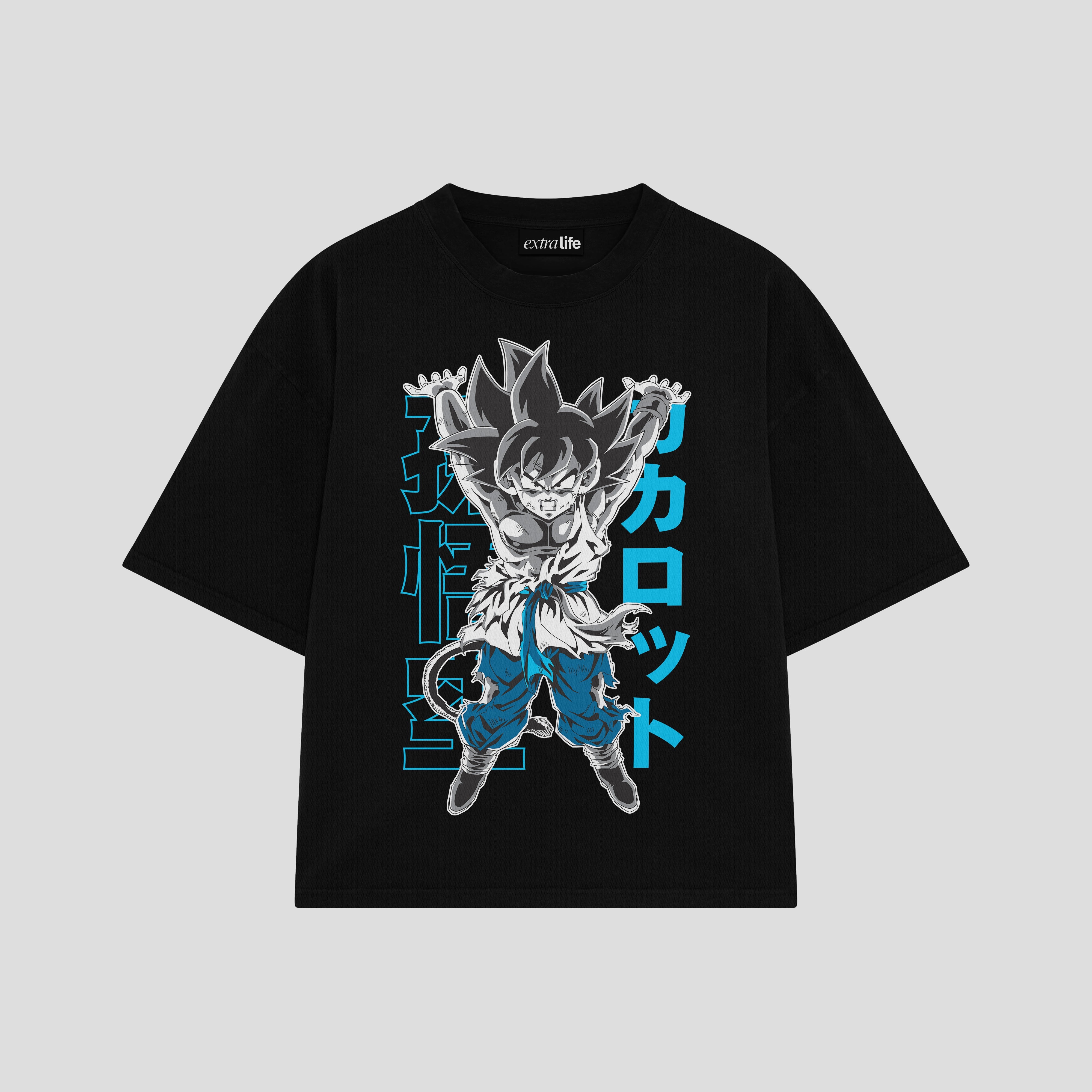 Playera streetwear premium de anime y gaming ExtraLife MX, corte boxy oversized drop shoulder heavyweight en color Deep Black y Off-White, moda urbana mexicana de culto.