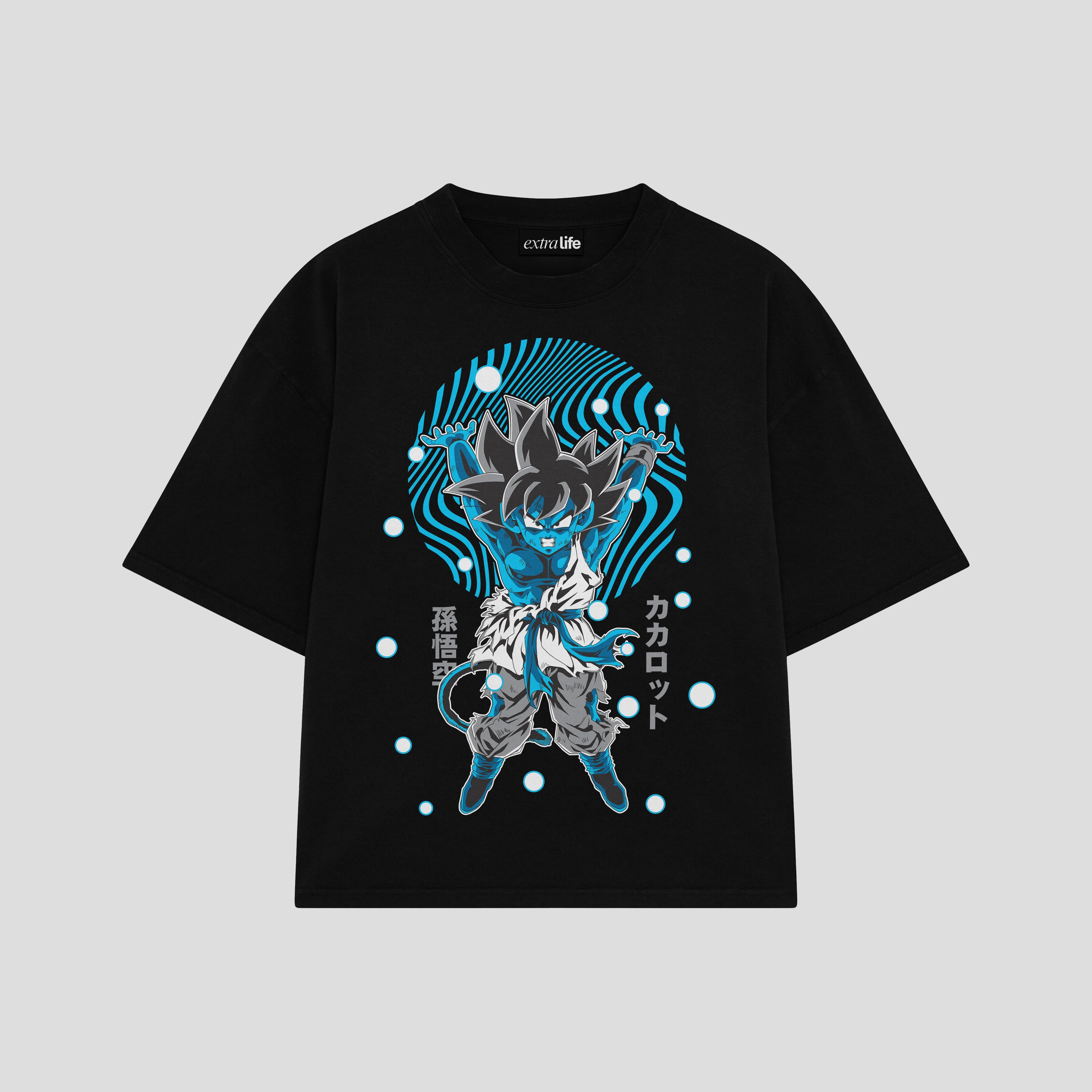 Playera streetwear premium de anime y gaming ExtraLife MX, corte boxy oversized drop shoulder heavyweight en color Deep Black y Off-White, moda urbana mexicana de culto.