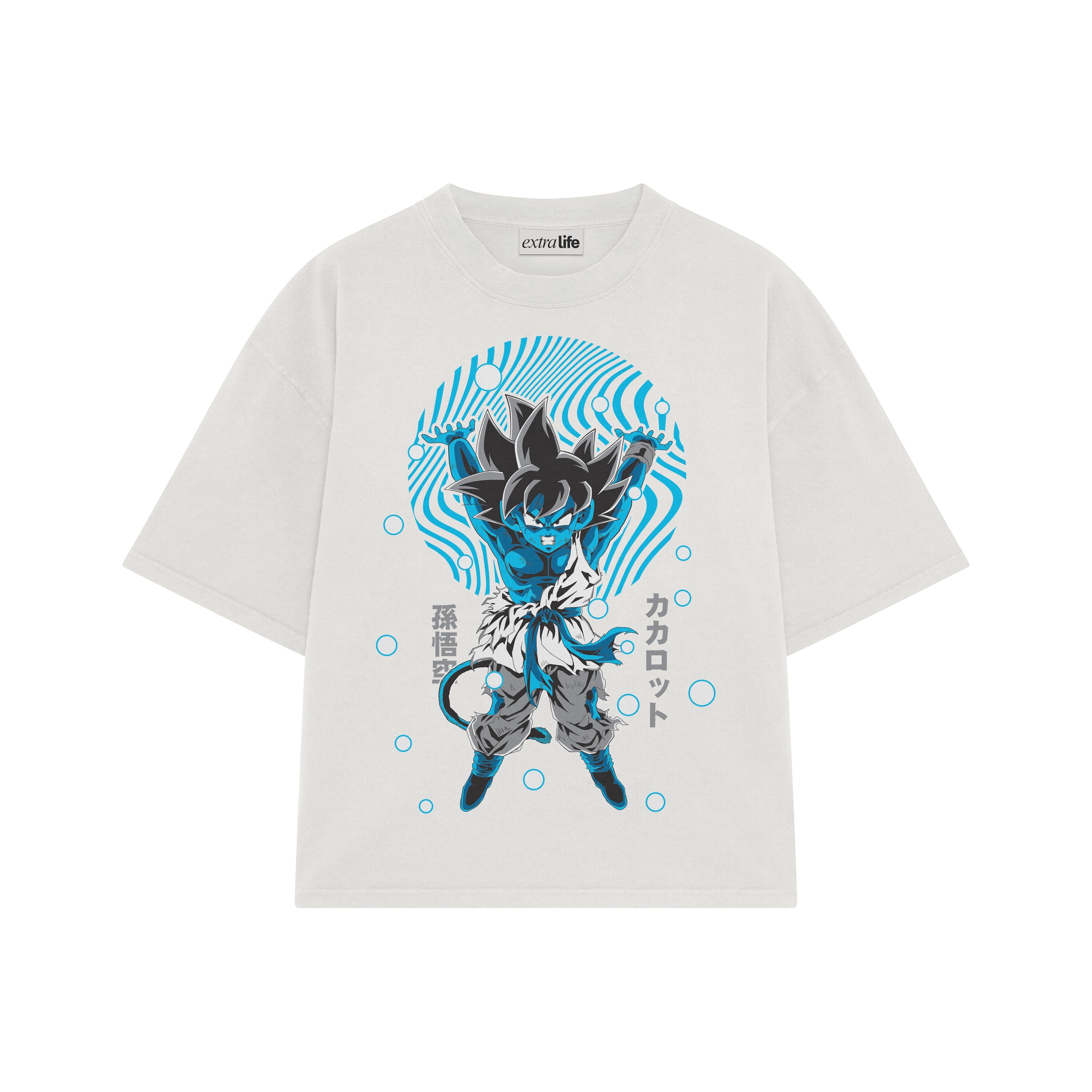 Playera streetwear premium de anime y gaming ExtraLife MX, corte boxy oversized drop shoulder heavyweight en color Deep Black y Off-White, moda urbana mexicana de culto.