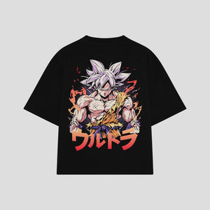 Playera streetwear premium de anime y gaming ExtraLife MX, corte boxy oversized drop shoulder heavyweight en color Deep Black y Off-White, moda urbana mexicana de culto.