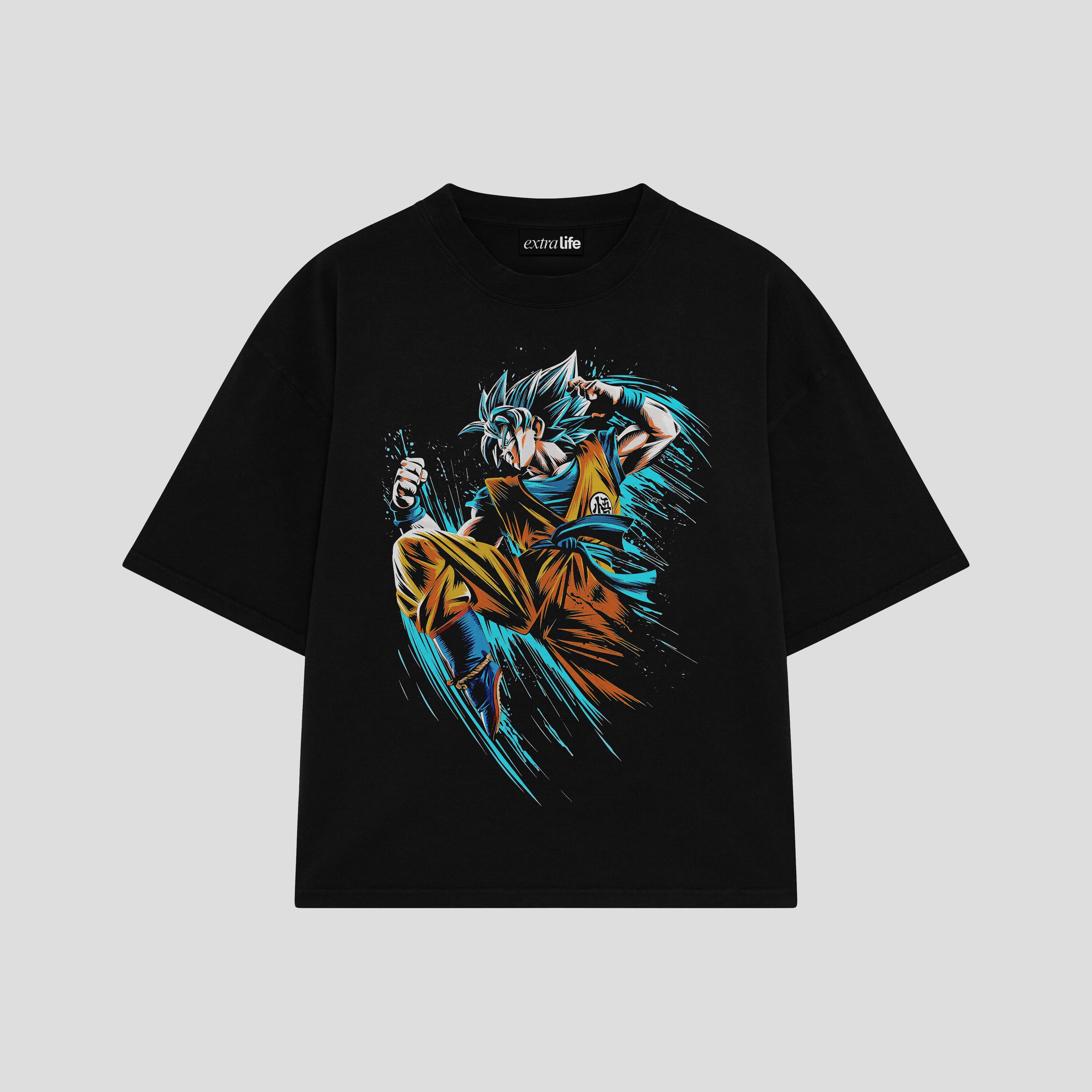 Playera streetwear premium de anime y gaming ExtraLife MX, corte boxy oversized drop shoulder heavyweight en color Deep Black y Off-White, moda urbana mexicana de culto.