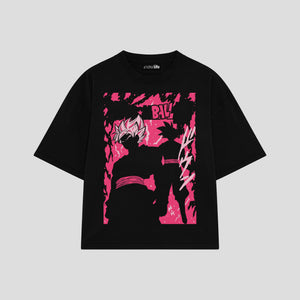 Playera streetwear premium de anime y gaming ExtraLife MX, corte boxy oversized drop shoulder heavyweight en color Deep Black y Off-White, moda urbana mexicana de culto.
