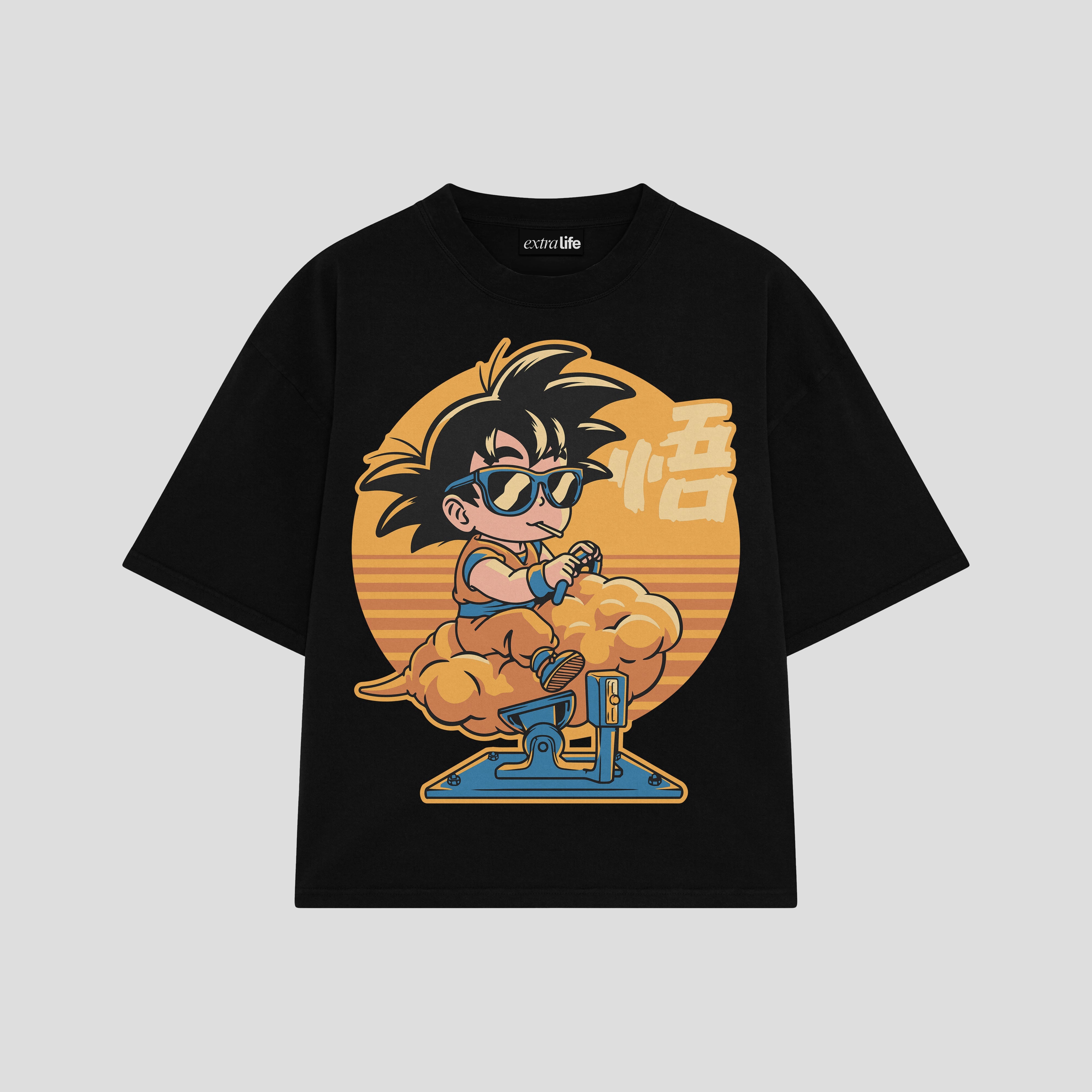 Playera streetwear premium de anime y gaming ExtraLife MX, corte boxy oversized drop shoulder heavyweight en color Deep Black y Off-White, moda urbana mexicana de culto.