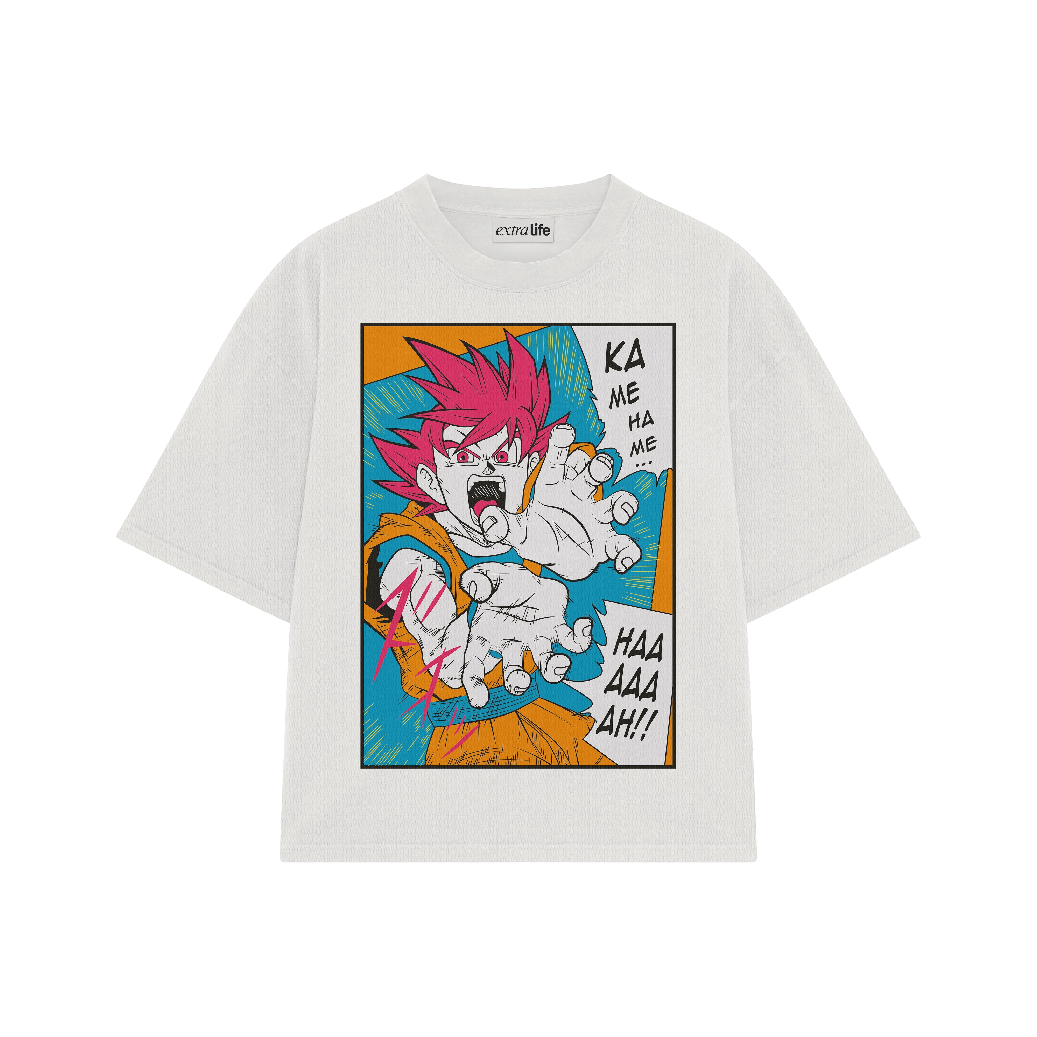 Playera streetwear premium de anime y gaming ExtraLife MX, corte boxy oversized drop shoulder heavyweight en color Deep Black y Off-White, moda urbana mexicana de culto.