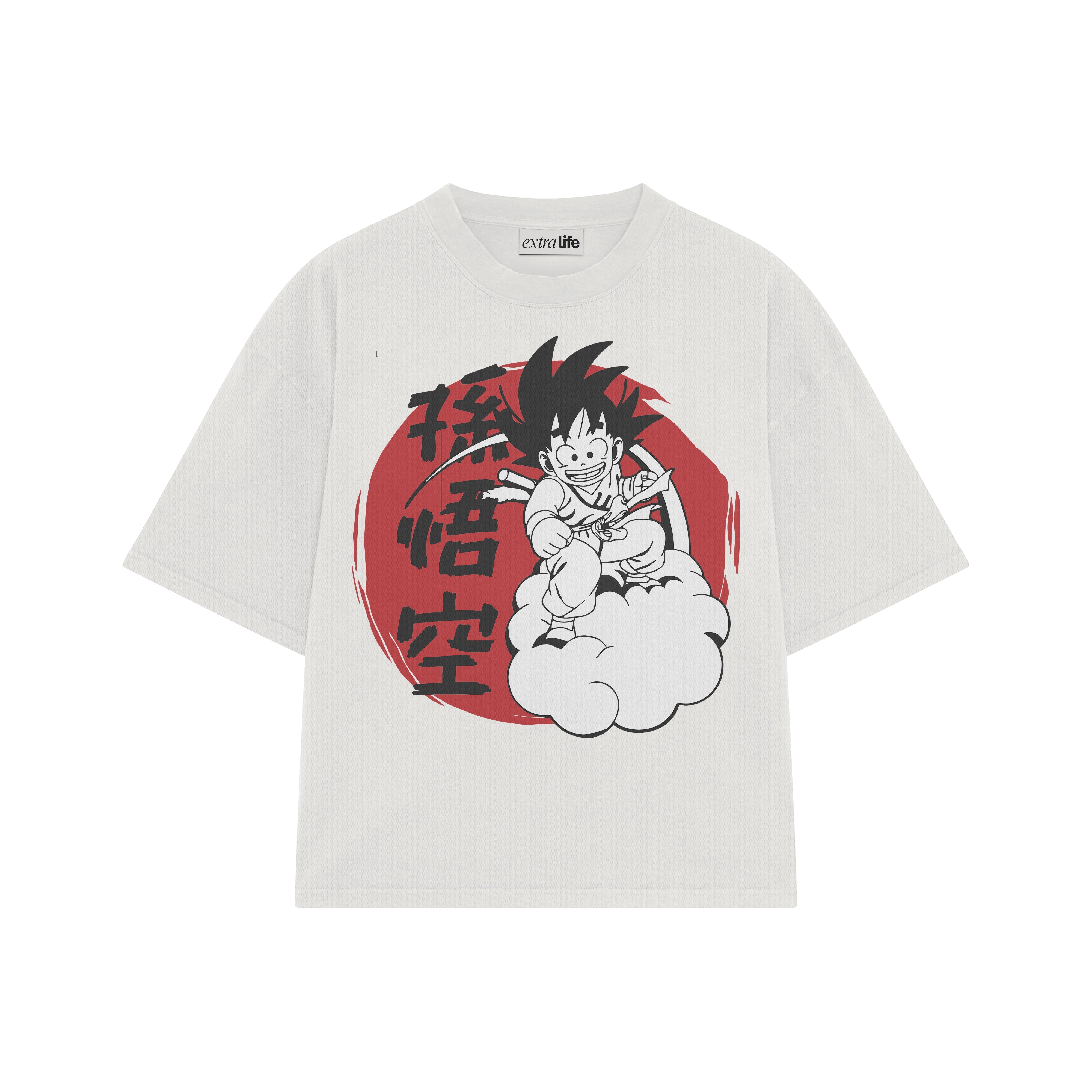 Playera streetwear premium de anime y gaming ExtraLife MX, corte boxy oversized drop shoulder heavyweight en color Deep Black y Off-White, moda urbana mexicana de culto.