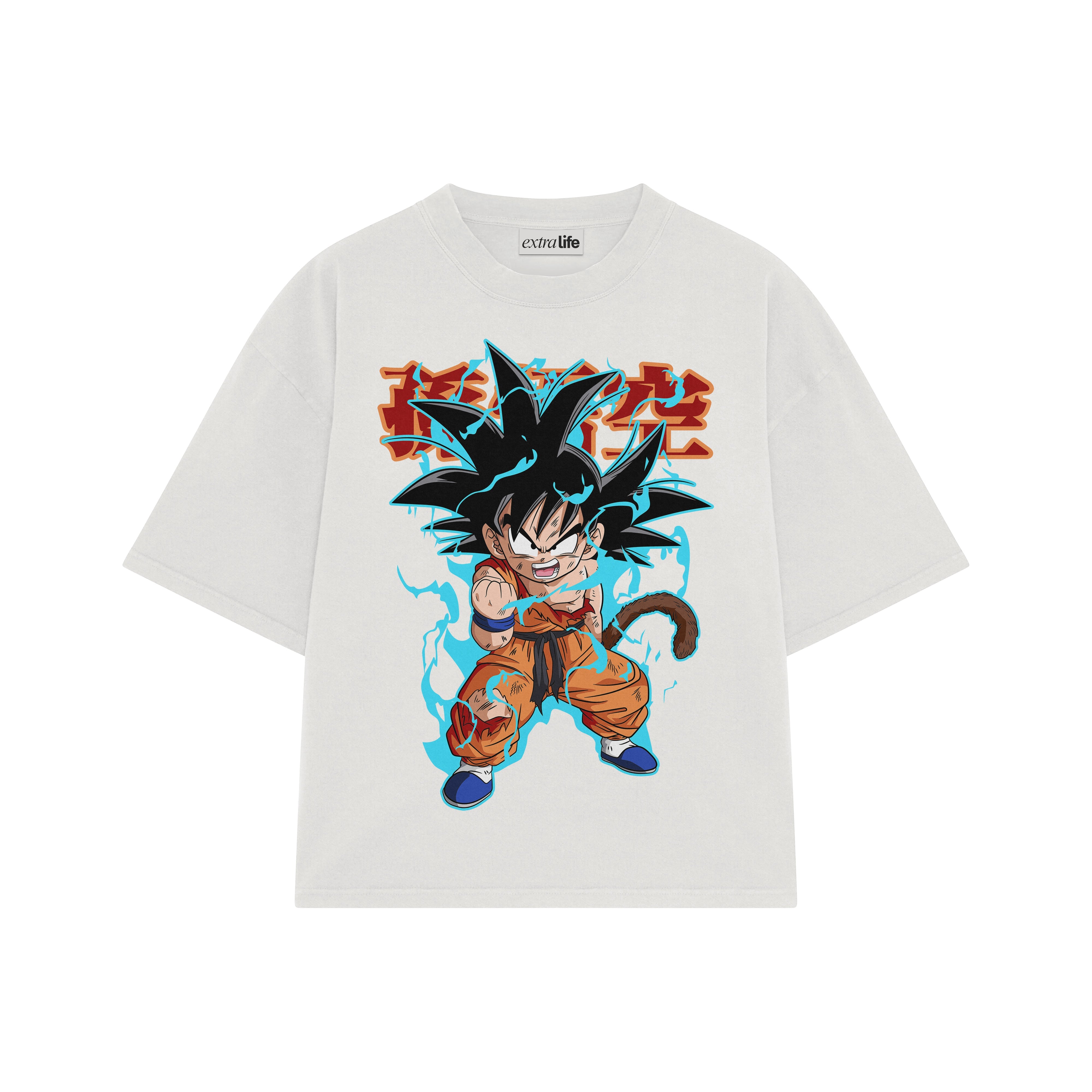 Playera streetwear premium de anime y gaming ExtraLife MX, corte boxy oversized drop shoulder heavyweight en color Deep Black y Off-White, moda urbana mexicana de culto.