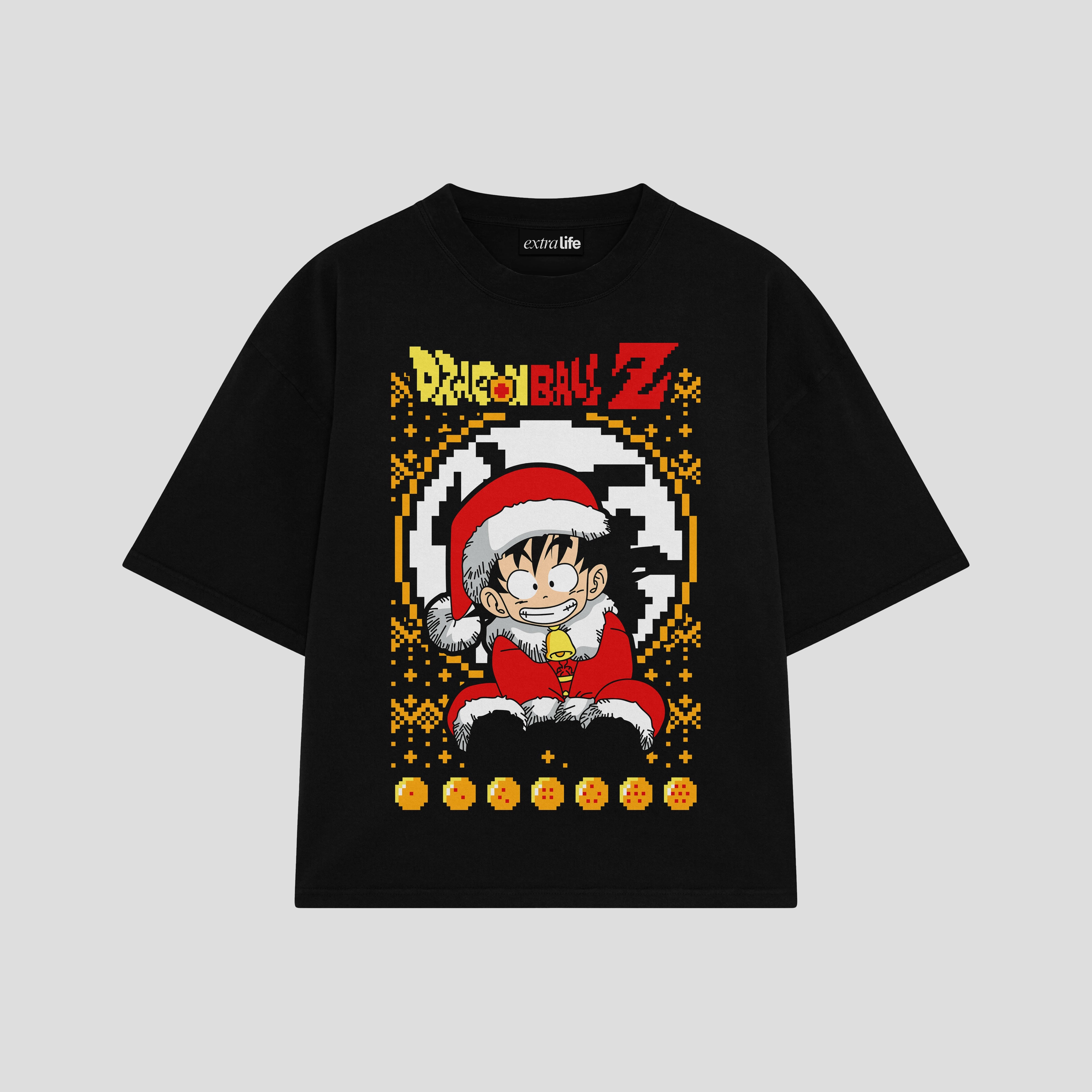 Playera streetwear premium de anime y gaming ExtraLife MX, corte boxy oversized drop shoulder heavyweight en color Deep Black y Off-White, moda urbana mexicana de culto.