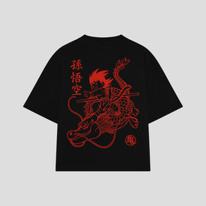 Playera streetwear premium de anime y gaming ExtraLife MX, corte boxy oversized drop shoulder heavyweight en color Deep Black y Off-White, moda urbana mexicana de culto.