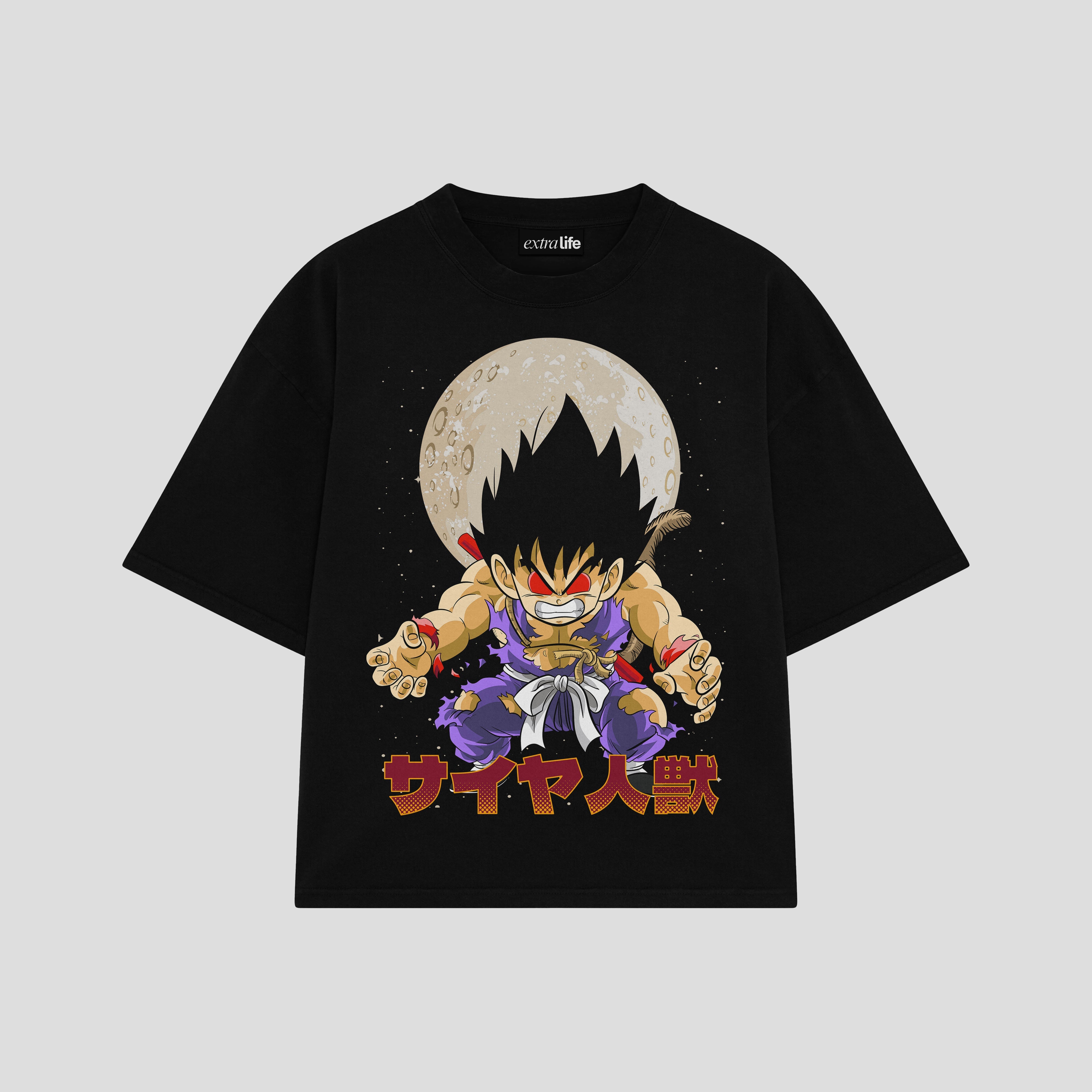 Playera streetwear premium de anime y gaming ExtraLife MX, corte boxy oversized drop shoulder heavyweight en color Deep Black y Off-White, moda urbana mexicana de culto.