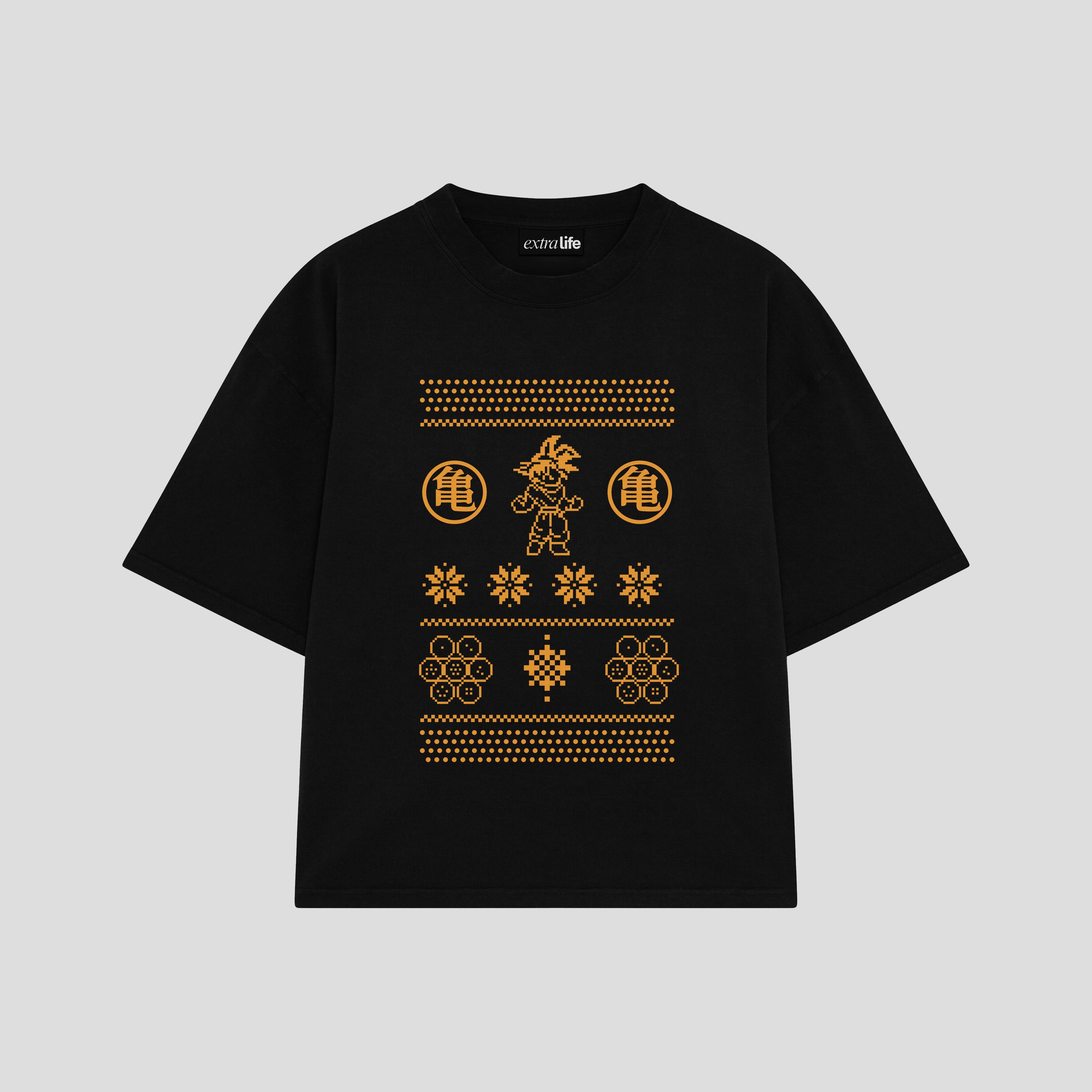 Playera streetwear premium de anime y gaming ExtraLife MX, corte boxy oversized drop shoulder heavyweight en color Deep Black y Off-White, moda urbana mexicana de culto.