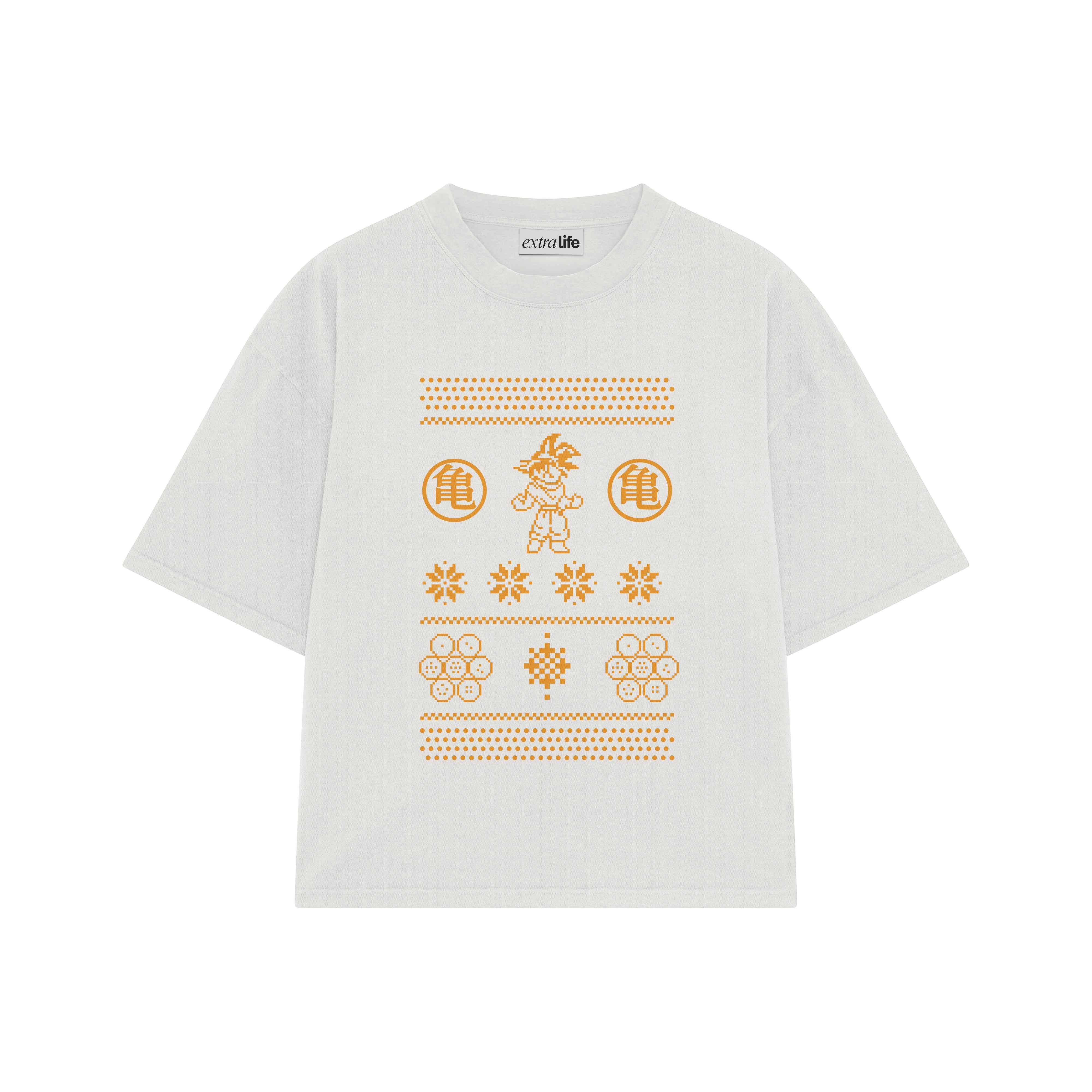 Playera streetwear premium de anime y gaming ExtraLife MX, corte boxy oversized drop shoulder heavyweight en color Deep Black y Off-White, moda urbana mexicana de culto.