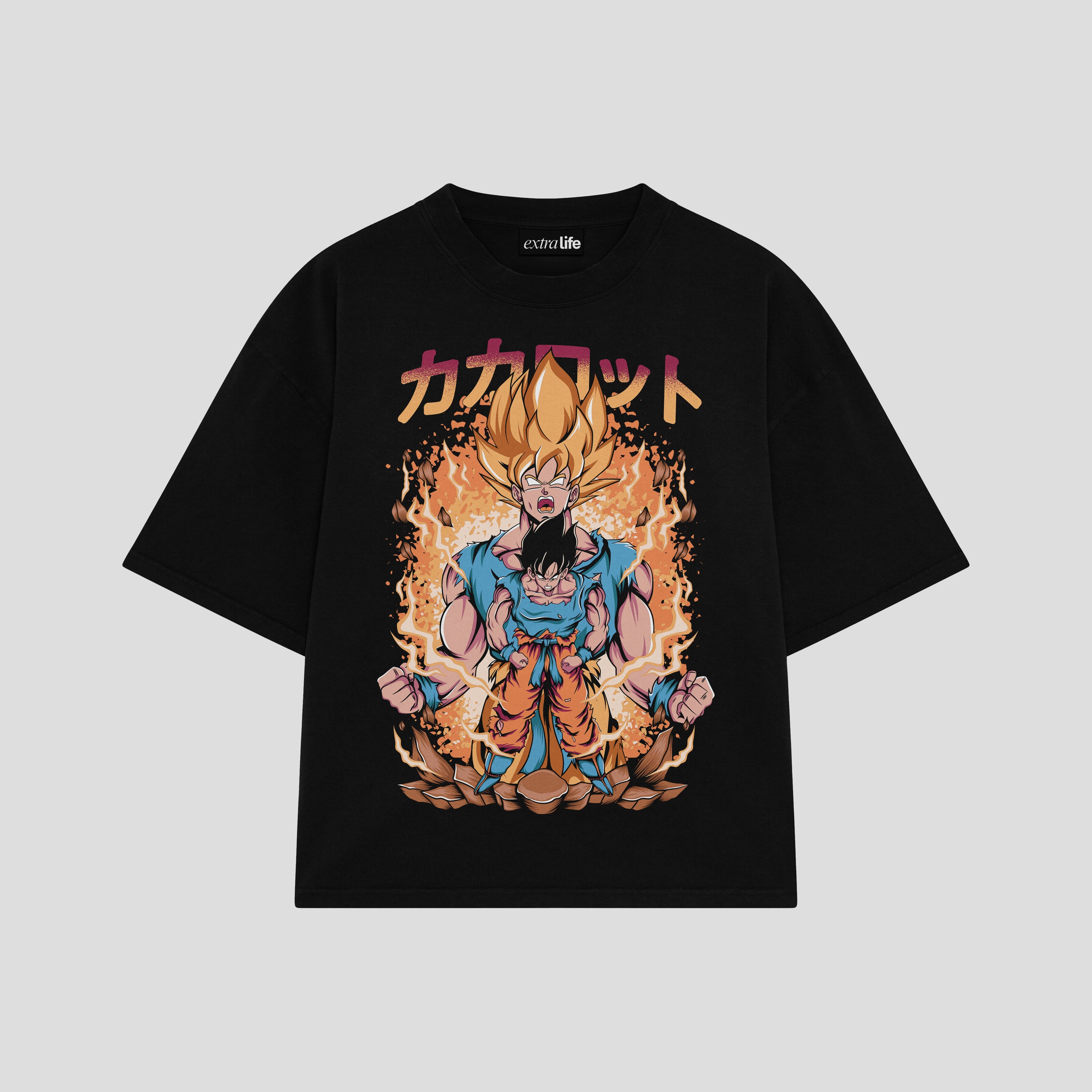 Playera streetwear premium de anime y gaming ExtraLife MX, corte boxy oversized drop shoulder heavyweight en color Deep Black y Off-White, moda urbana mexicana de culto.