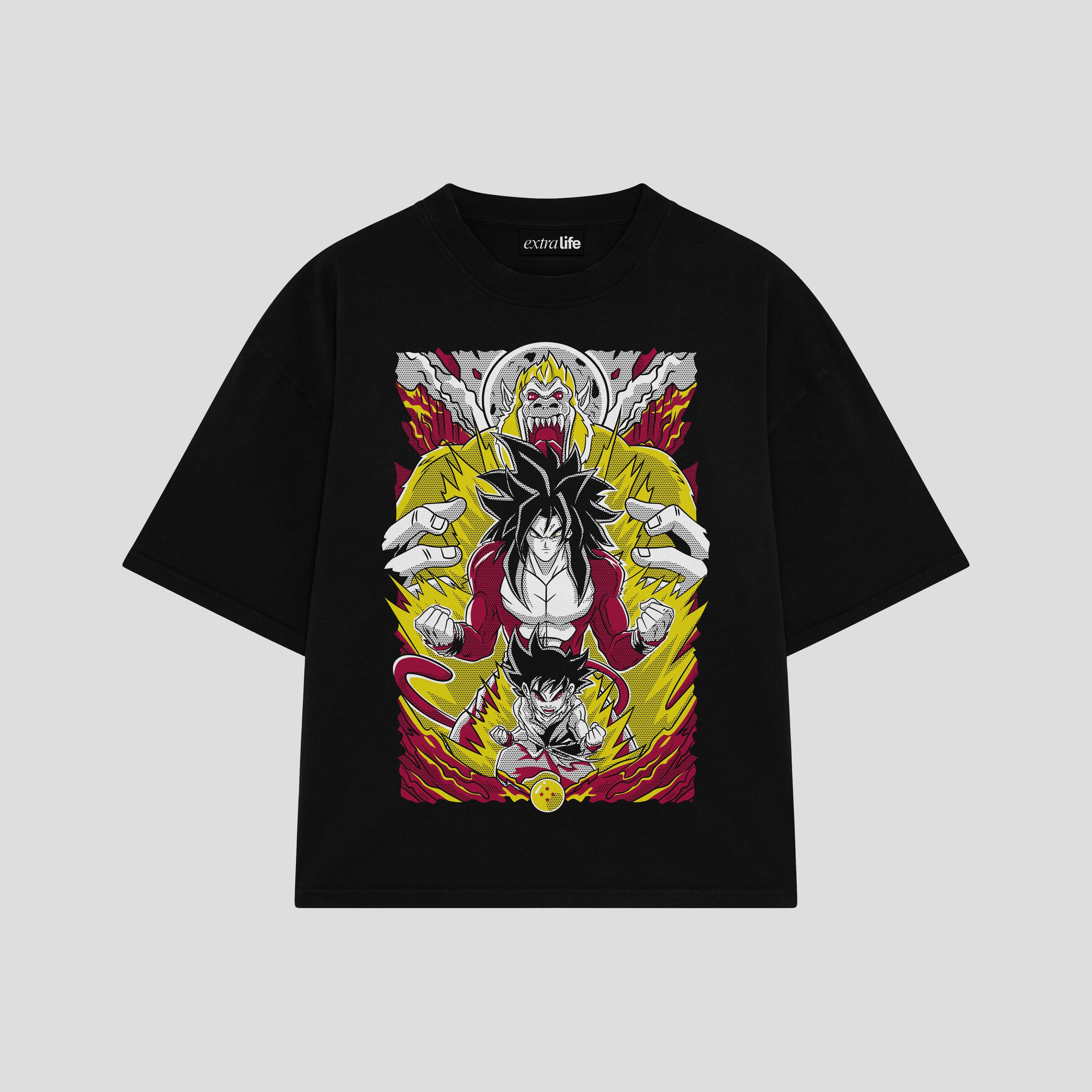 Playera streetwear premium de anime y gaming ExtraLife MX, corte boxy oversized drop shoulder heavyweight en color Deep Black y Off-White, moda urbana mexicana de culto.
