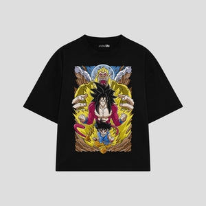 Playera streetwear premium de anime y gaming ExtraLife MX, corte boxy oversized drop shoulder heavyweight en color Deep Black y Off-White, moda urbana mexicana de culto.