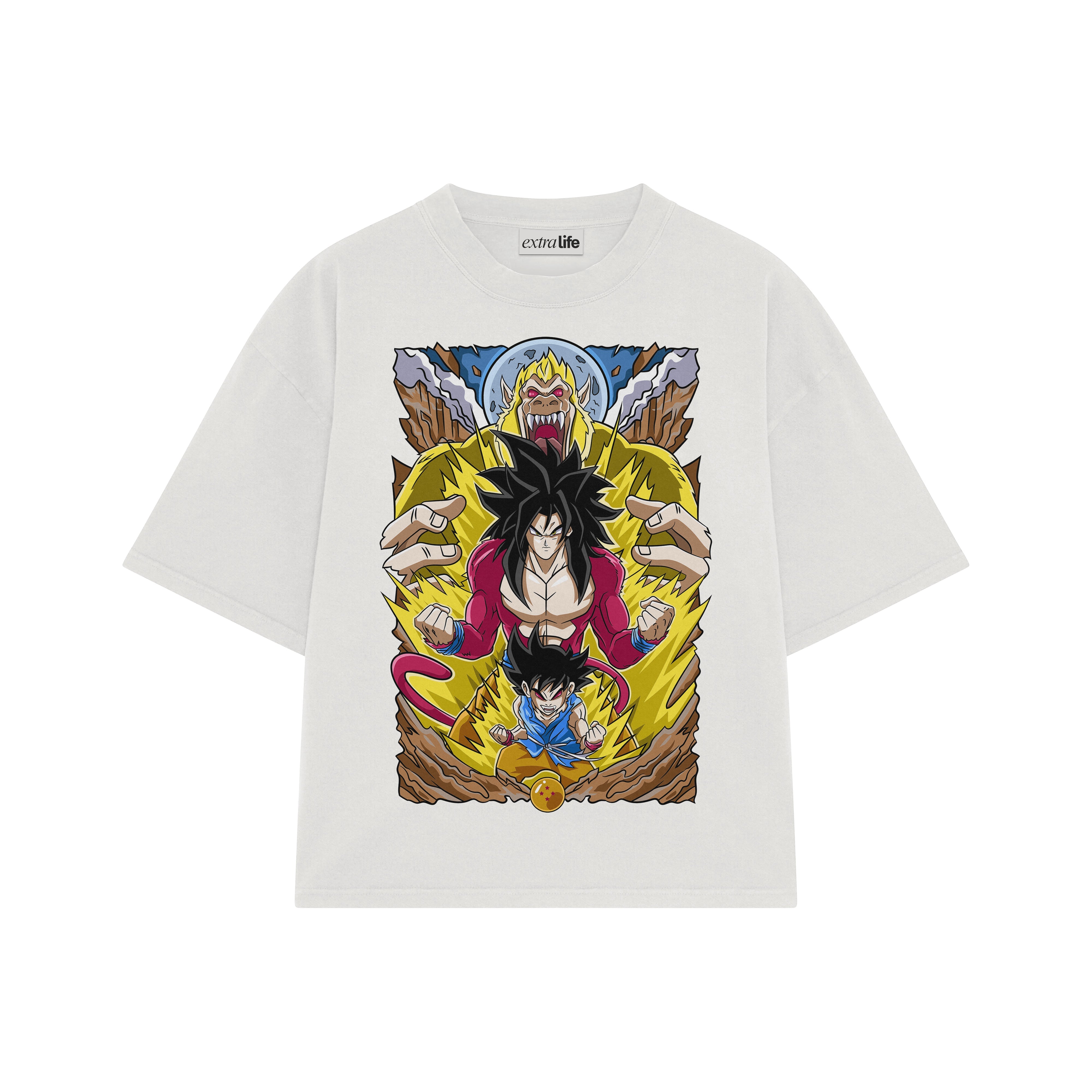 Playera streetwear premium de anime y gaming ExtraLife MX, corte boxy oversized drop shoulder heavyweight en color Deep Black y Off-White, moda urbana mexicana de culto.