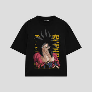 Playera streetwear premium de anime y gaming ExtraLife MX, corte boxy oversized drop shoulder heavyweight en color Deep Black y Off-White, moda urbana mexicana de culto.