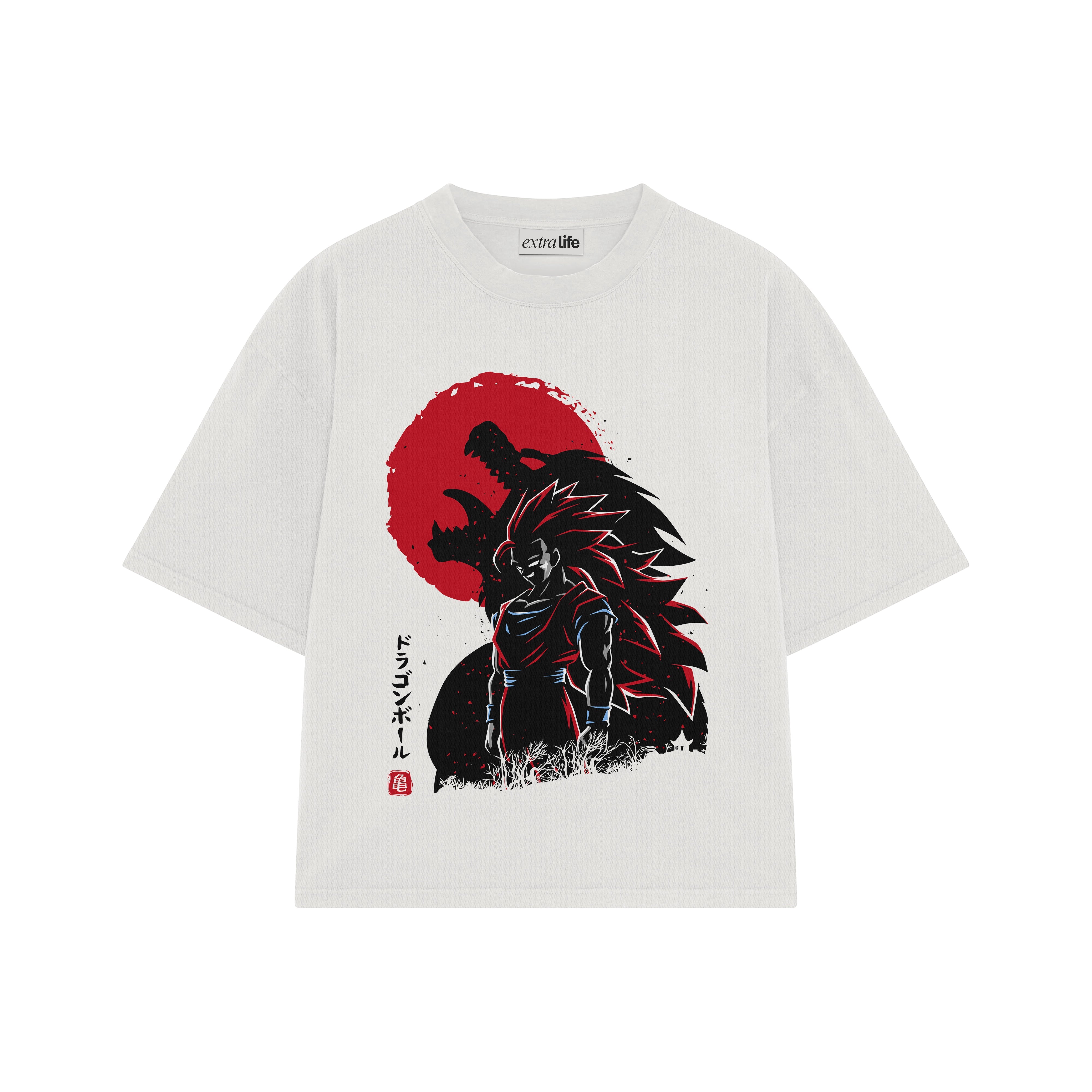 Playera streetwear premium de anime y gaming ExtraLife MX, corte boxy oversized drop shoulder heavyweight en color Deep Black y Off-White, moda urbana mexicana de culto.