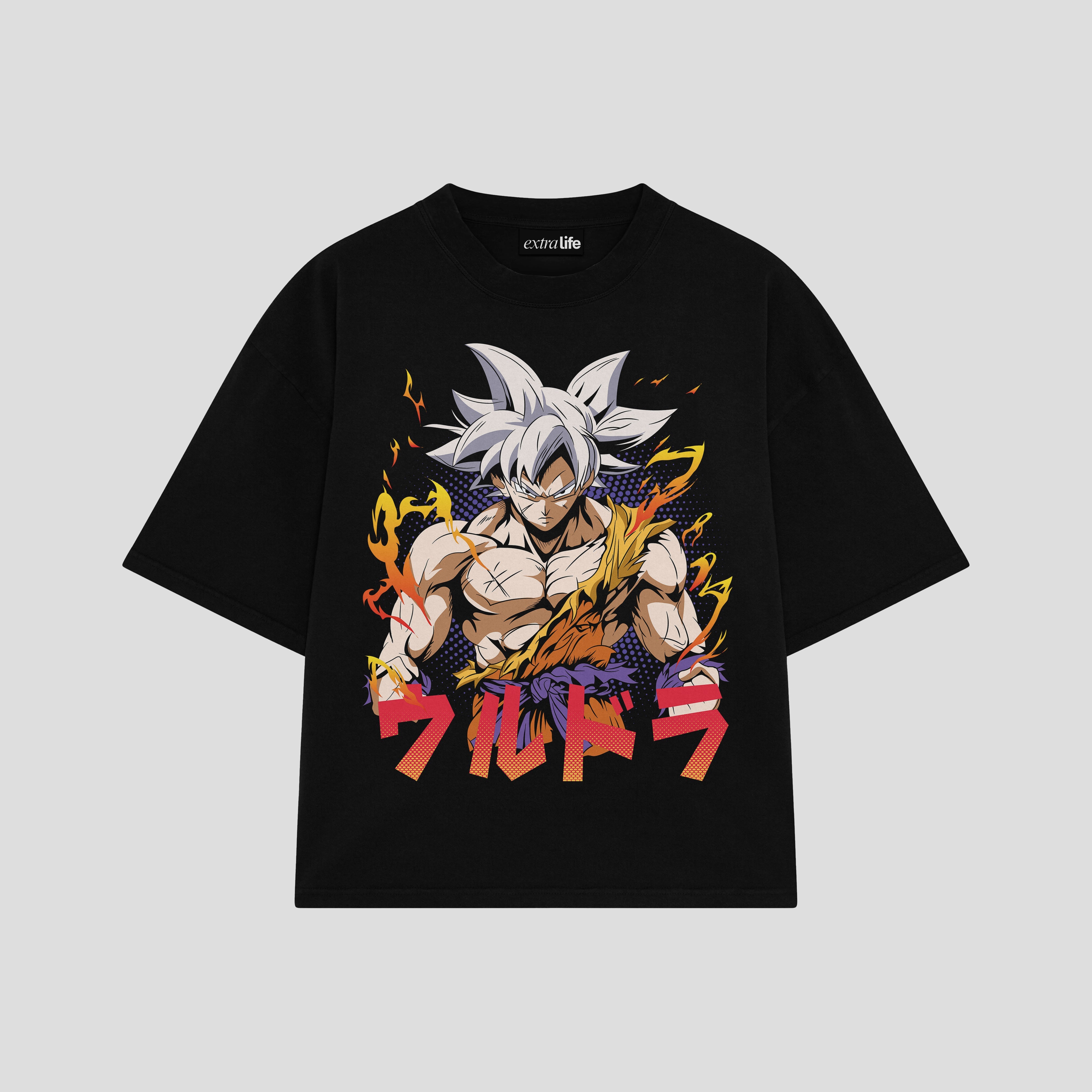 Playera streetwear premium de anime y gaming ExtraLife MX, corte boxy oversized drop shoulder heavyweight en color Deep Black y Off-White, moda urbana mexicana de culto.