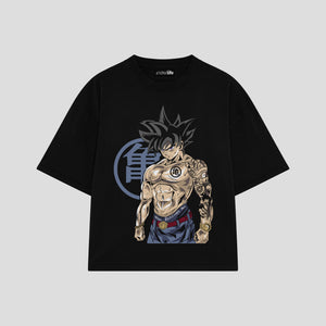 Playera streetwear premium de anime y gaming ExtraLife MX, corte boxy oversized drop shoulder heavyweight en color Deep Black y Off-White, moda urbana mexicana de culto.