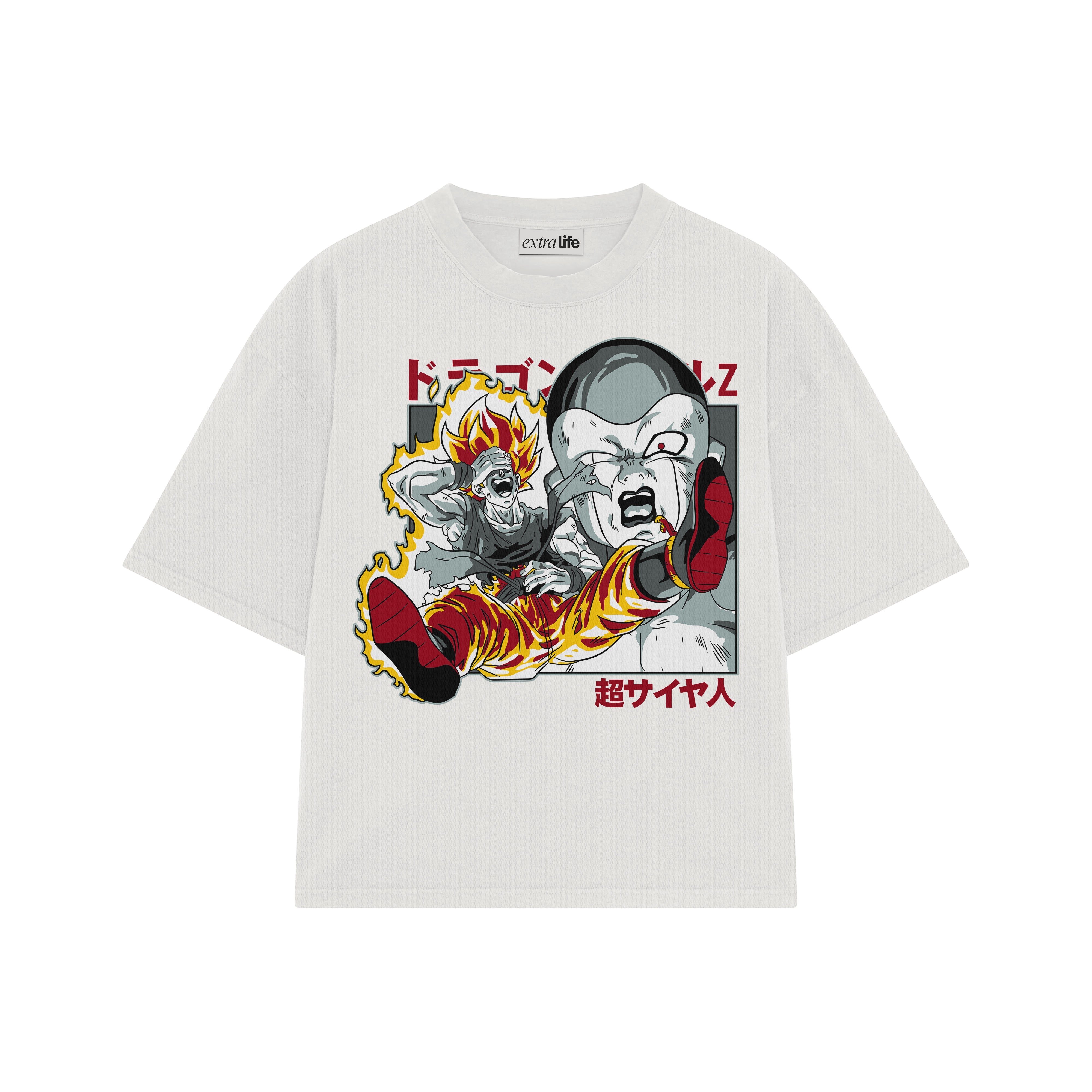 Playera streetwear premium de anime y gaming ExtraLife MX, corte boxy oversized drop shoulder heavyweight en color Deep Black y Off-White, moda urbana mexicana de culto.