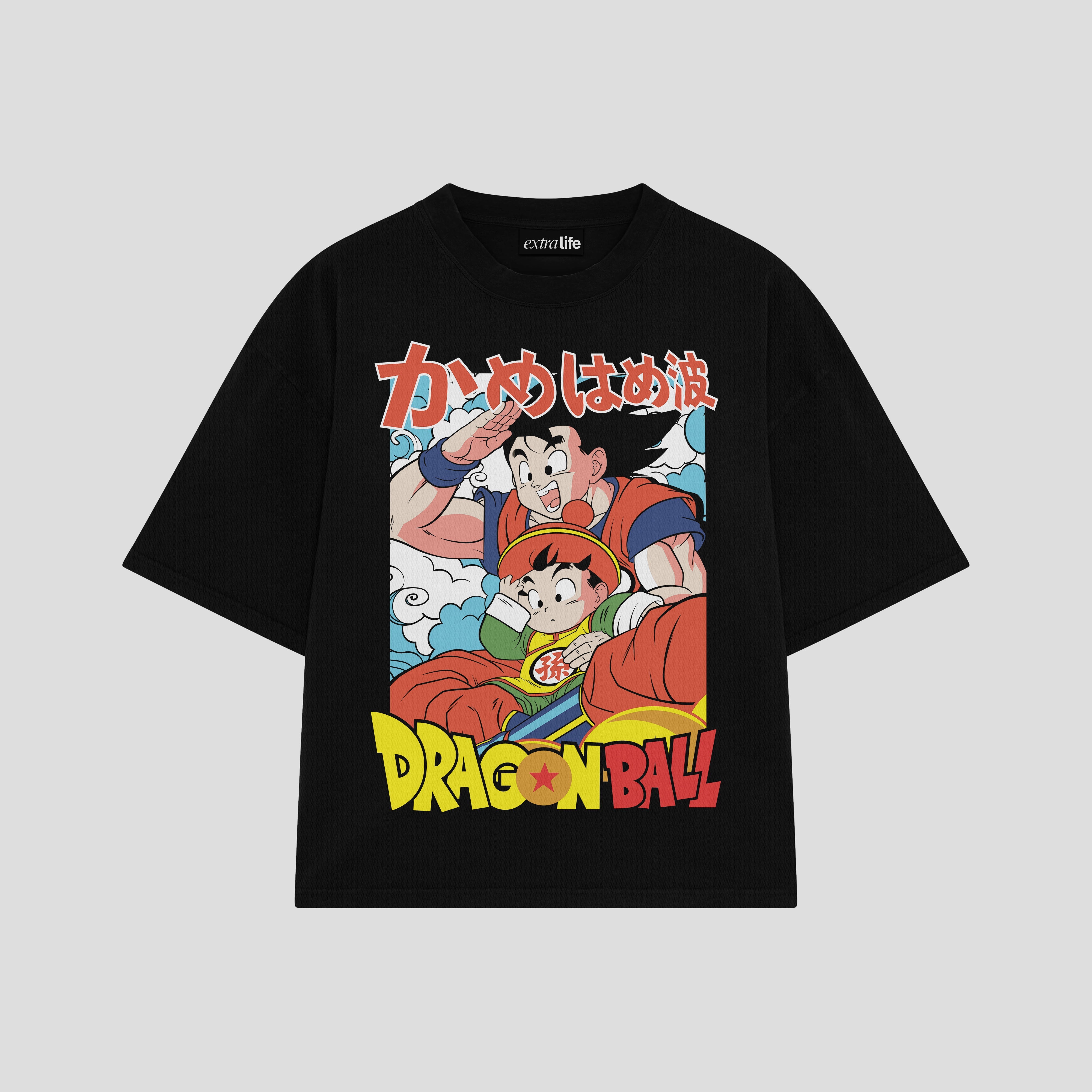 Playera streetwear premium de anime y gaming ExtraLife MX, corte boxy oversized drop shoulder heavyweight en color Deep Black y Off-White, moda urbana mexicana de culto.