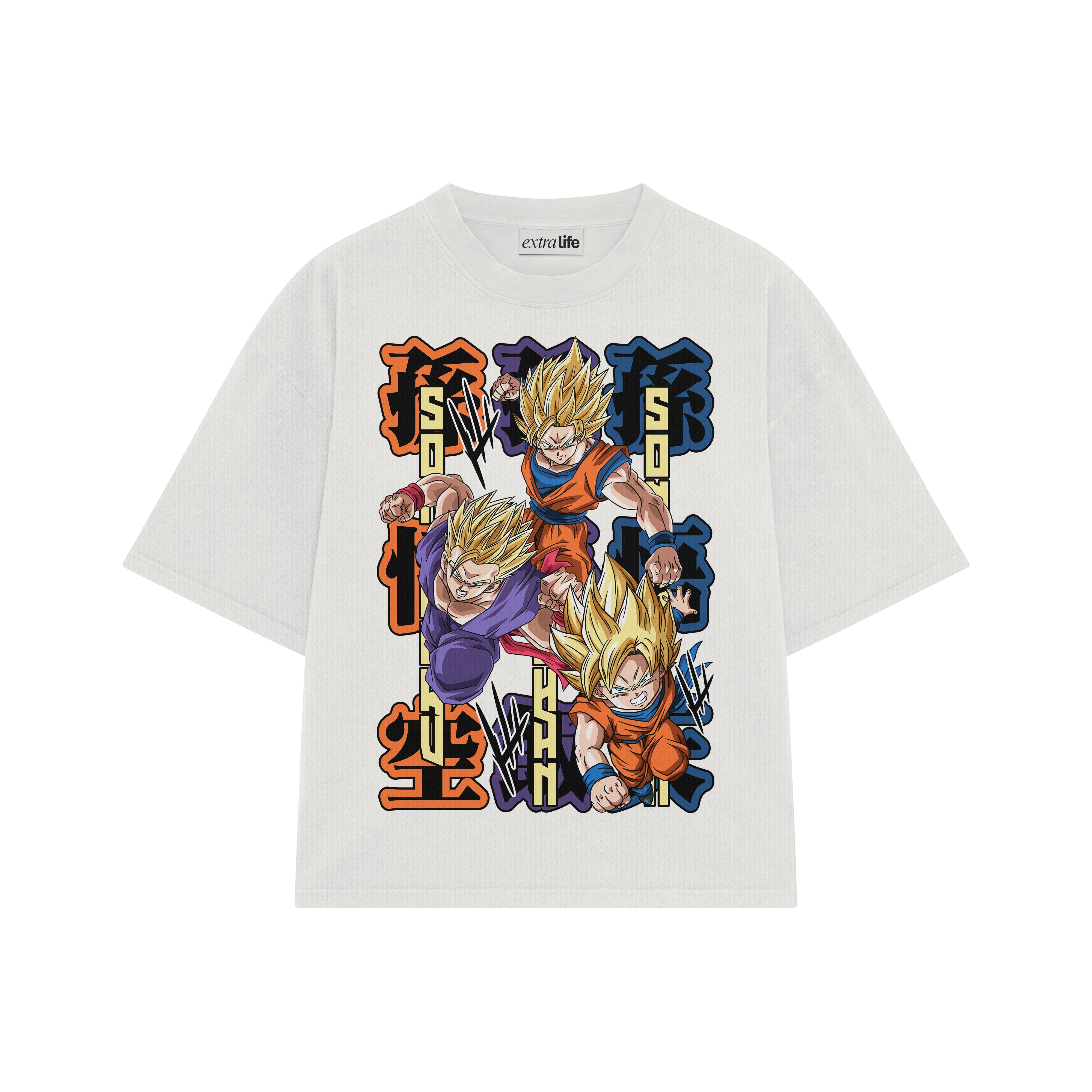 Playera streetwear premium de anime y gaming ExtraLife MX, corte boxy oversized drop shoulder heavyweight en color Deep Black y Off-White, moda urbana mexicana de culto.