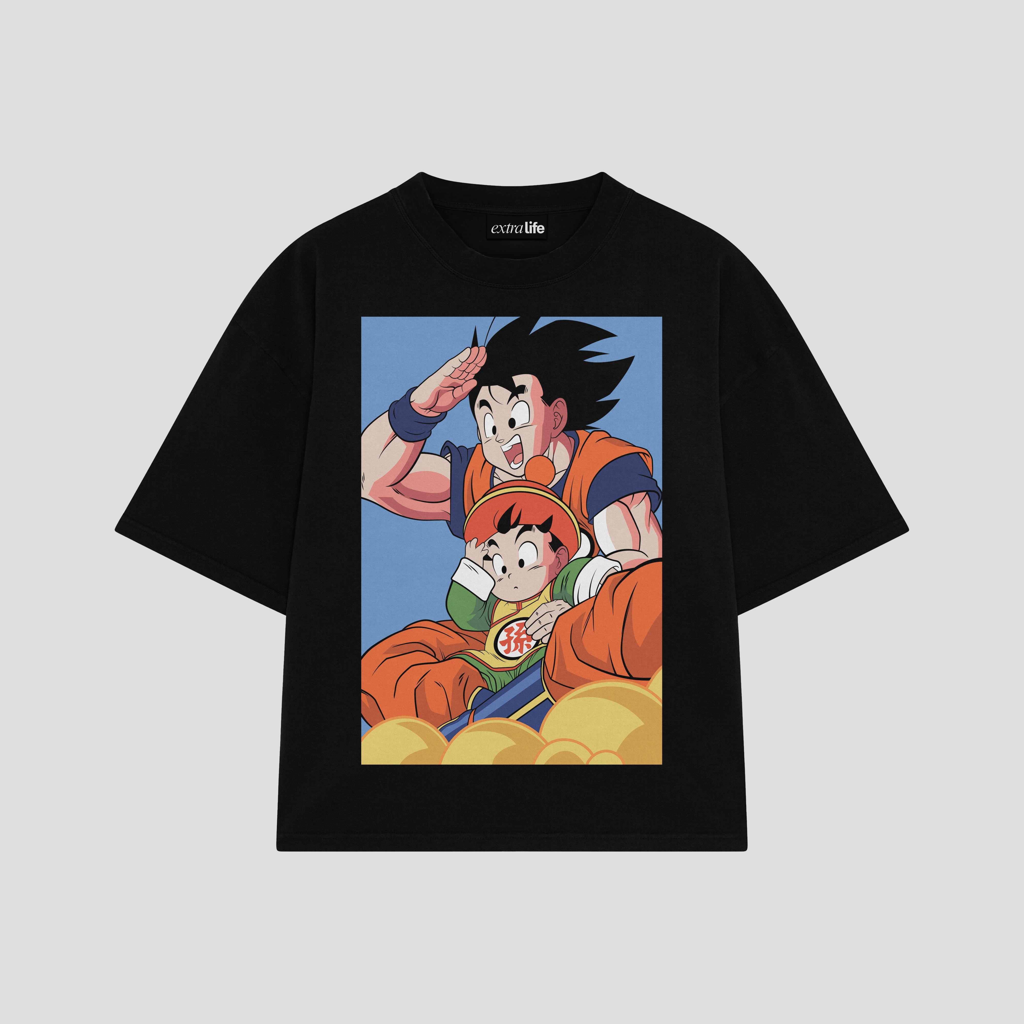 Playera streetwear premium de anime y gaming ExtraLife MX, corte boxy oversized drop shoulder heavyweight en color Deep Black y Off-White, moda urbana mexicana de culto.
