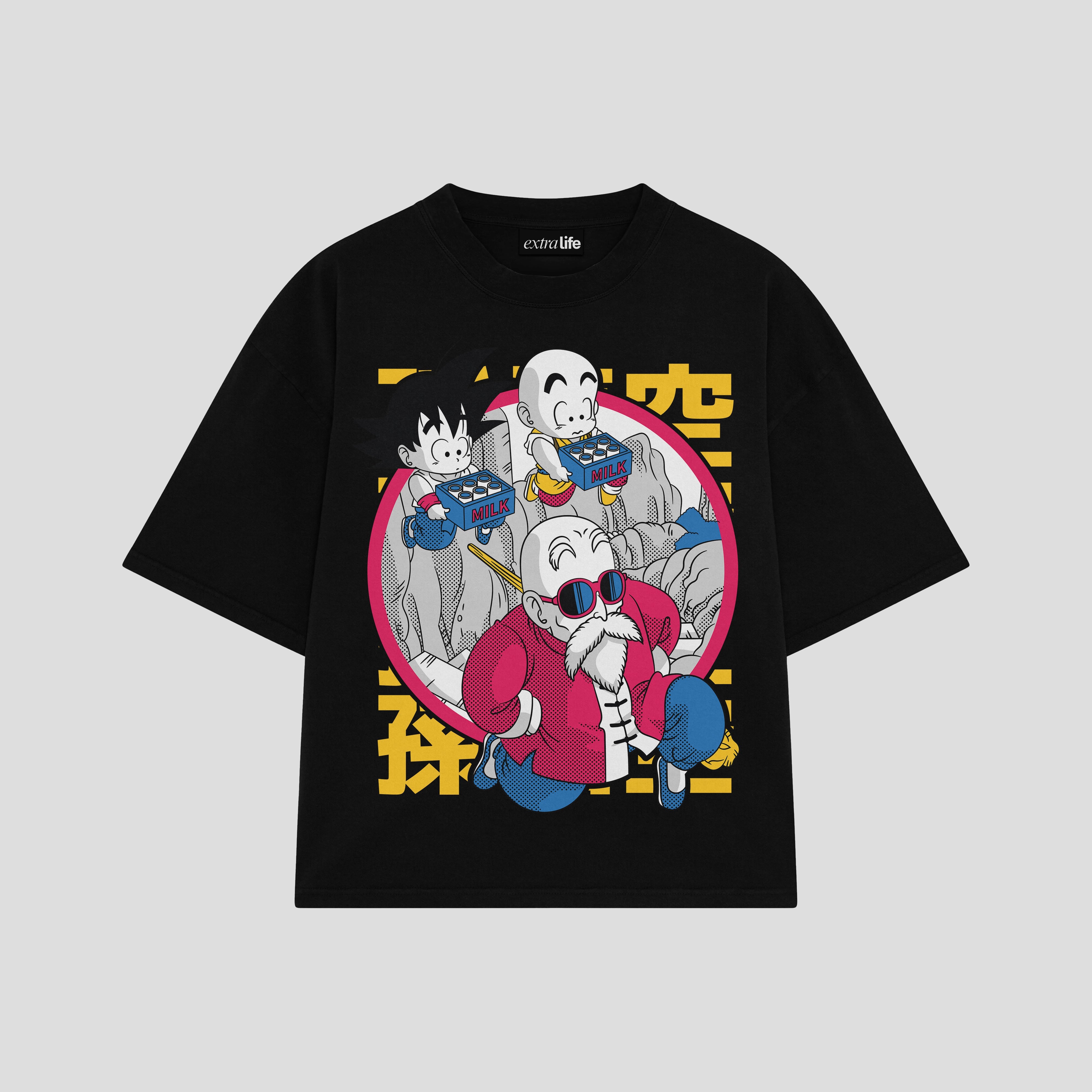 Playera streetwear premium de anime y gaming ExtraLife MX, corte boxy oversized drop shoulder heavyweight en color Deep Black y Off-White, moda urbana mexicana de culto.