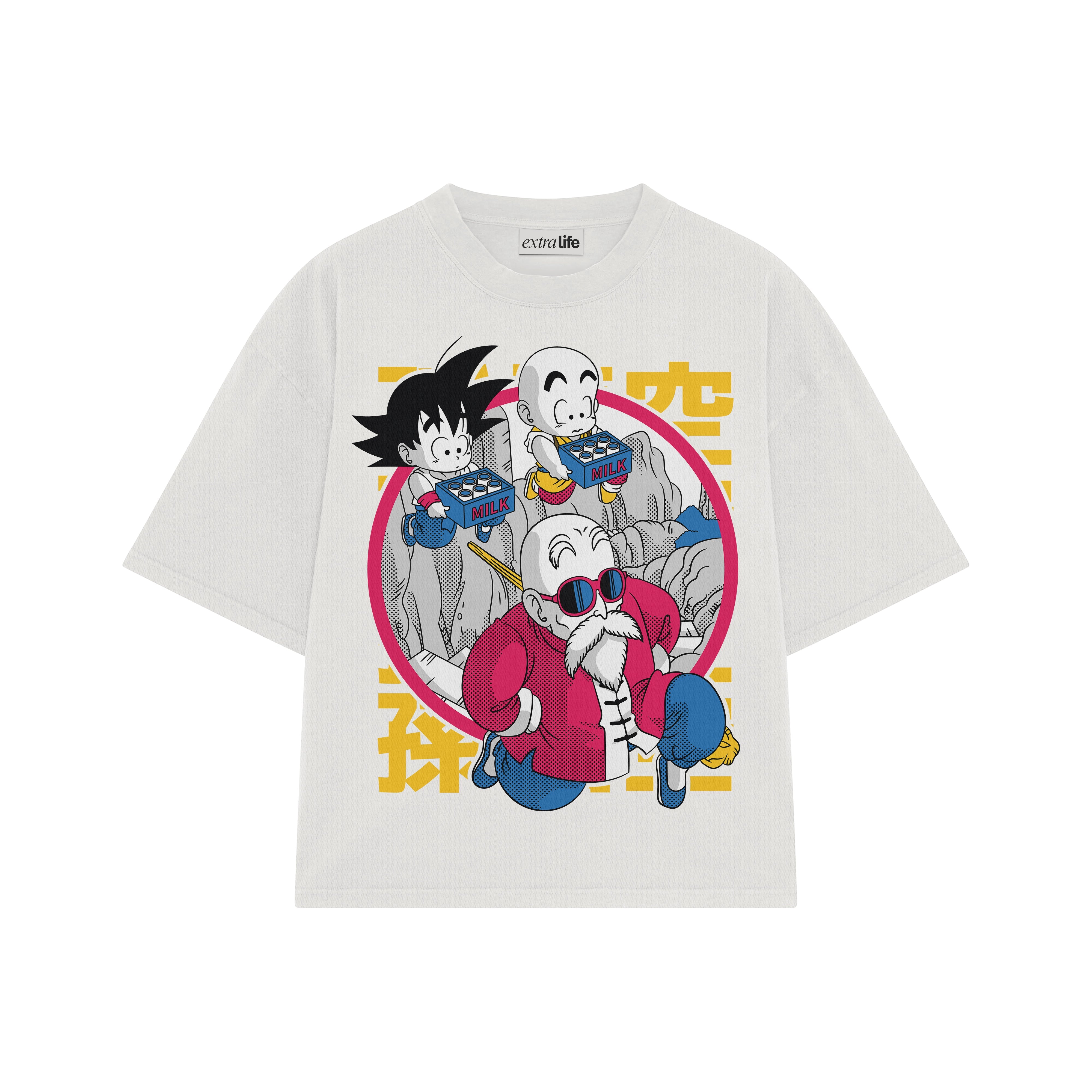 Playera streetwear premium de anime y gaming ExtraLife MX, corte boxy oversized drop shoulder heavyweight en color Deep Black y Off-White, moda urbana mexicana de culto.