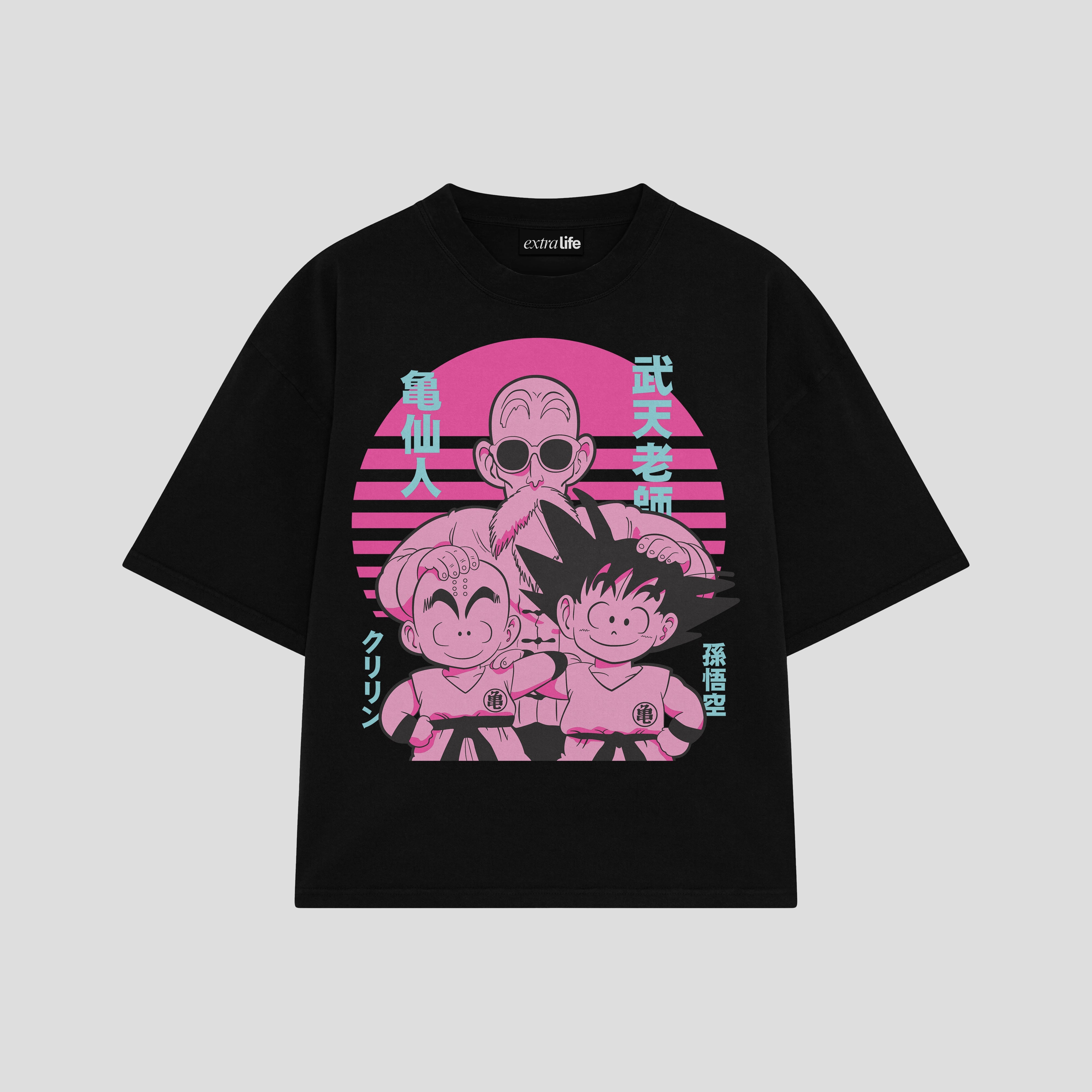 Playera streetwear premium de anime y gaming ExtraLife MX, corte boxy oversized drop shoulder heavyweight en color Deep Black y Off-White, moda urbana mexicana de culto.