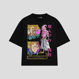 Playera streetwear premium de anime y gaming ExtraLife MX, corte boxy oversized drop shoulder heavyweight en color Deep Black y Off-White, moda urbana mexicana de culto.