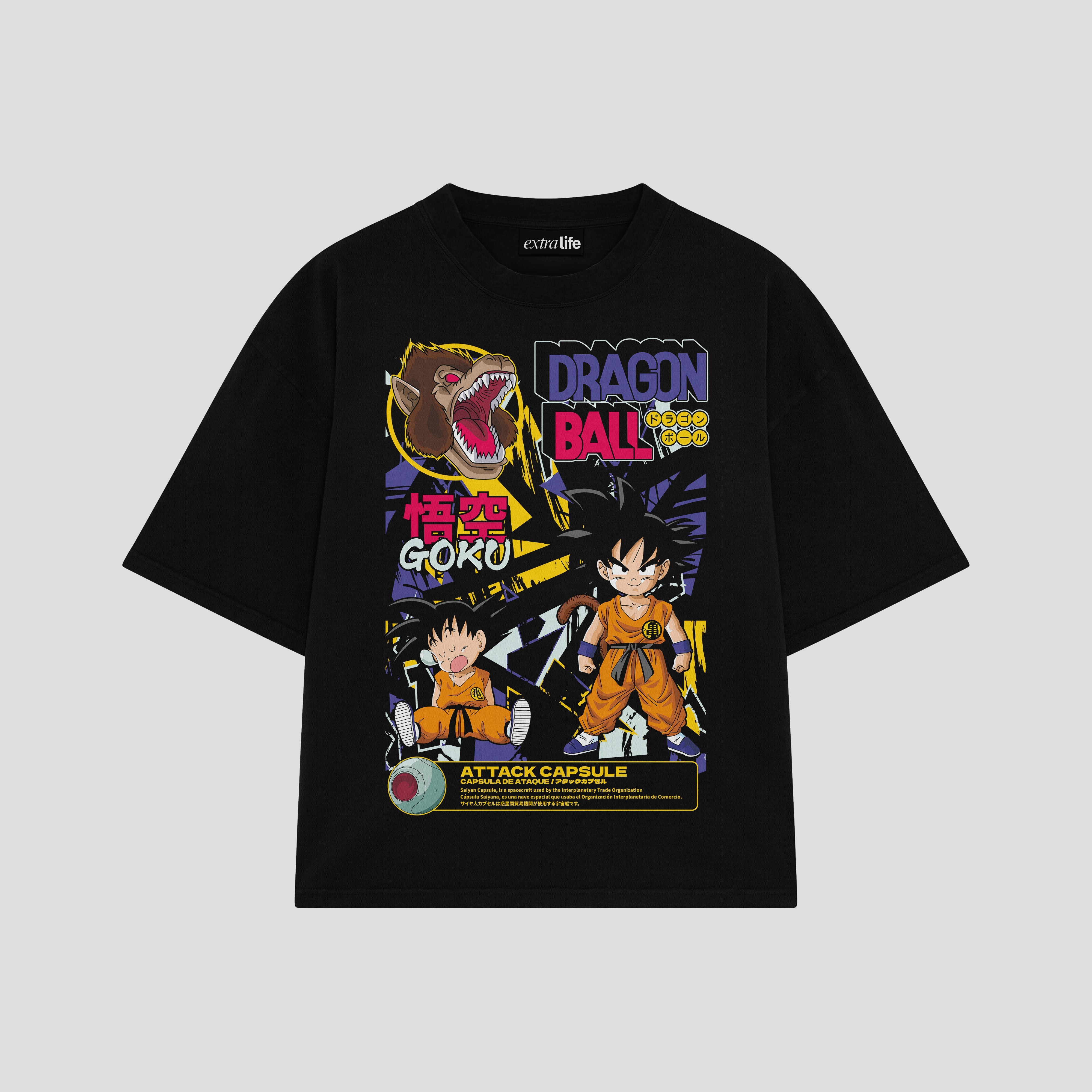 Playera streetwear premium de anime y gaming ExtraLife MX, corte boxy oversized drop shoulder heavyweight en color Deep Black y Off-White, moda urbana mexicana de culto.